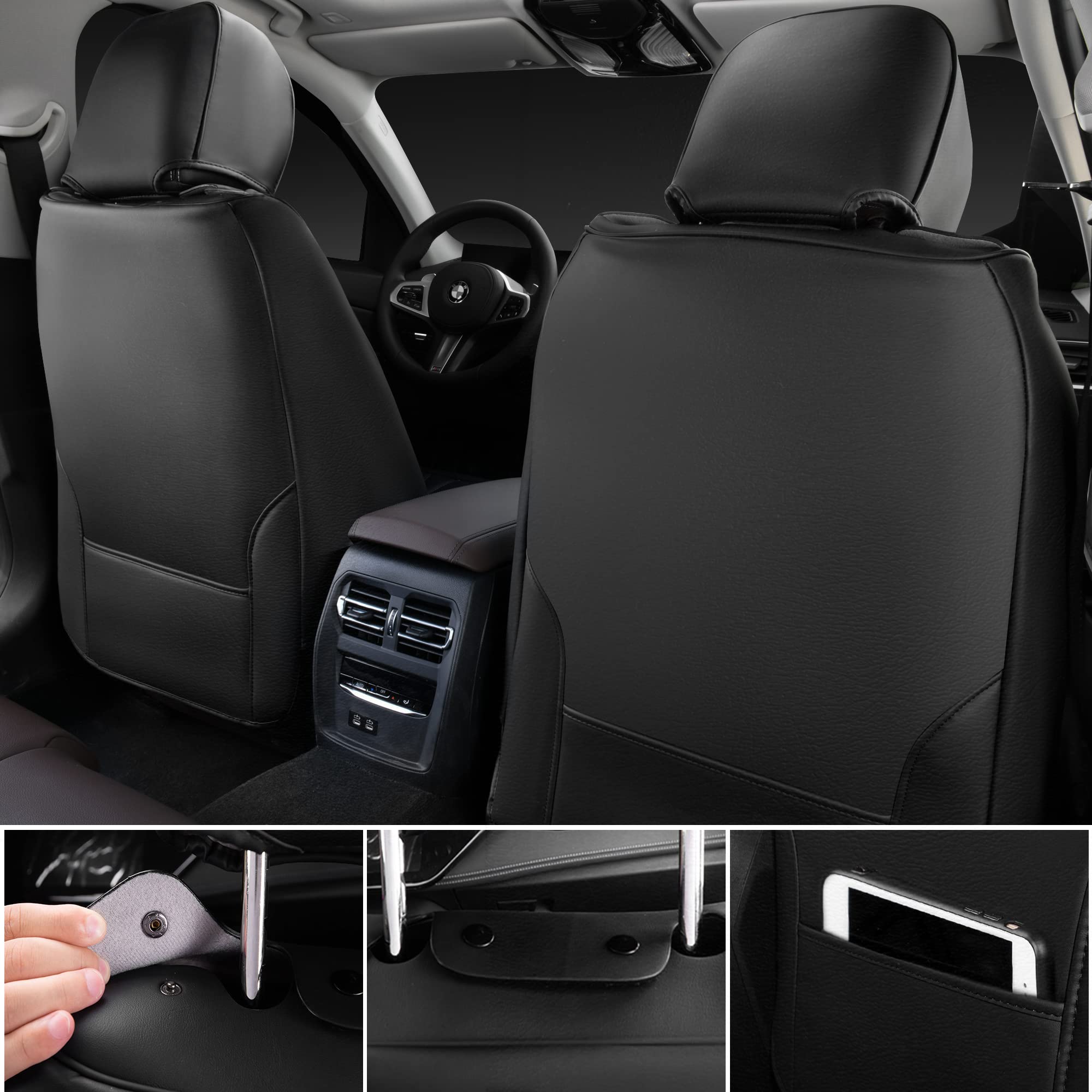 CAR PASS Nappa Leather Car Seat Covers - Waterproof, Cushioned, Universal Fit for SUV/Truck - Black Silver Strips, Model SJ005T2-WT9BL-PUQB2NH22