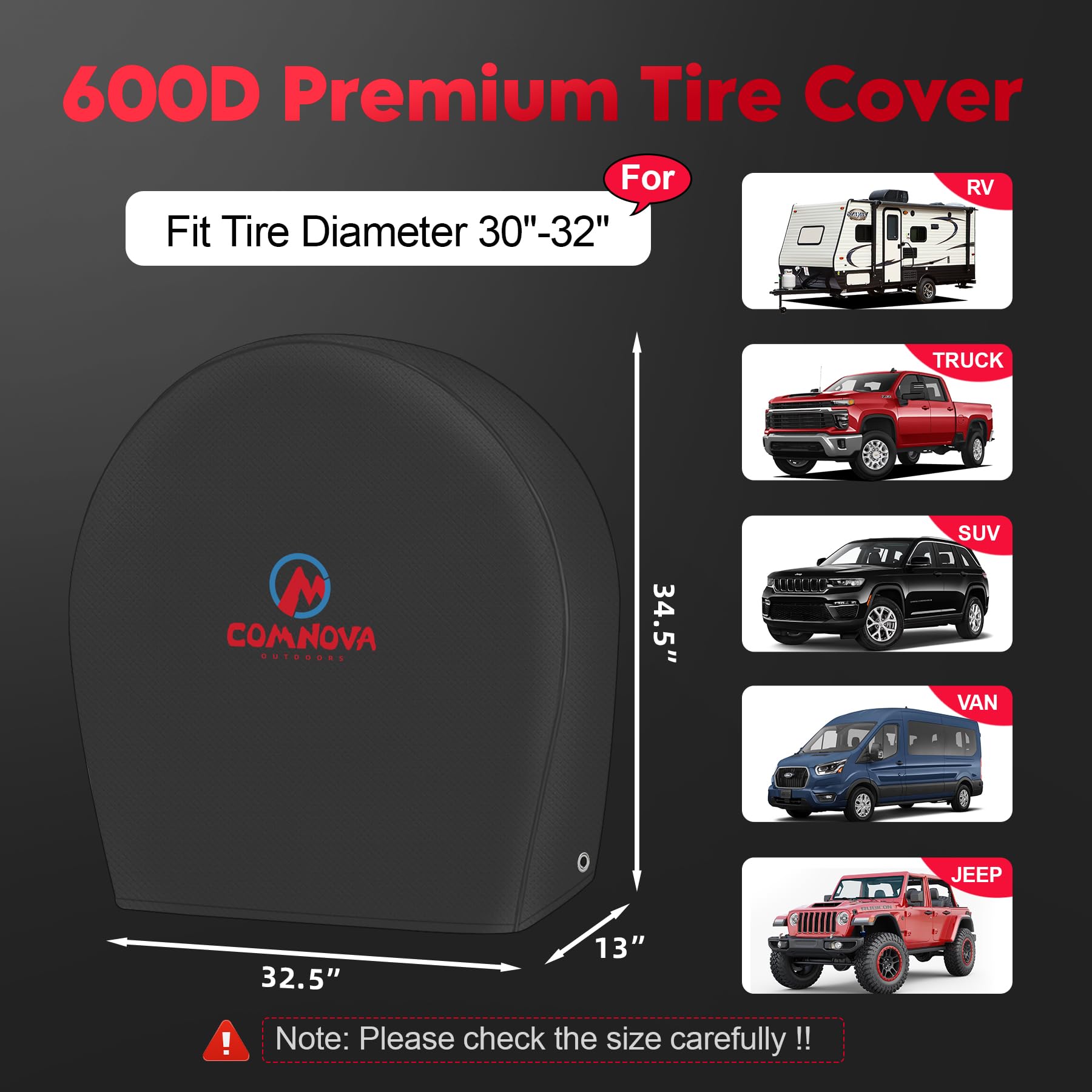Comnova Rv Tire Covers 2 Pack - 600D Tough Tire Wheel Cover Protector For Rv, Truck, Suv, Trailer, Camper, Motorhome, Boat And Van, Heavy Duty & Waterproof Tire Cover, Fits Tire Diameters 30-32 Inch