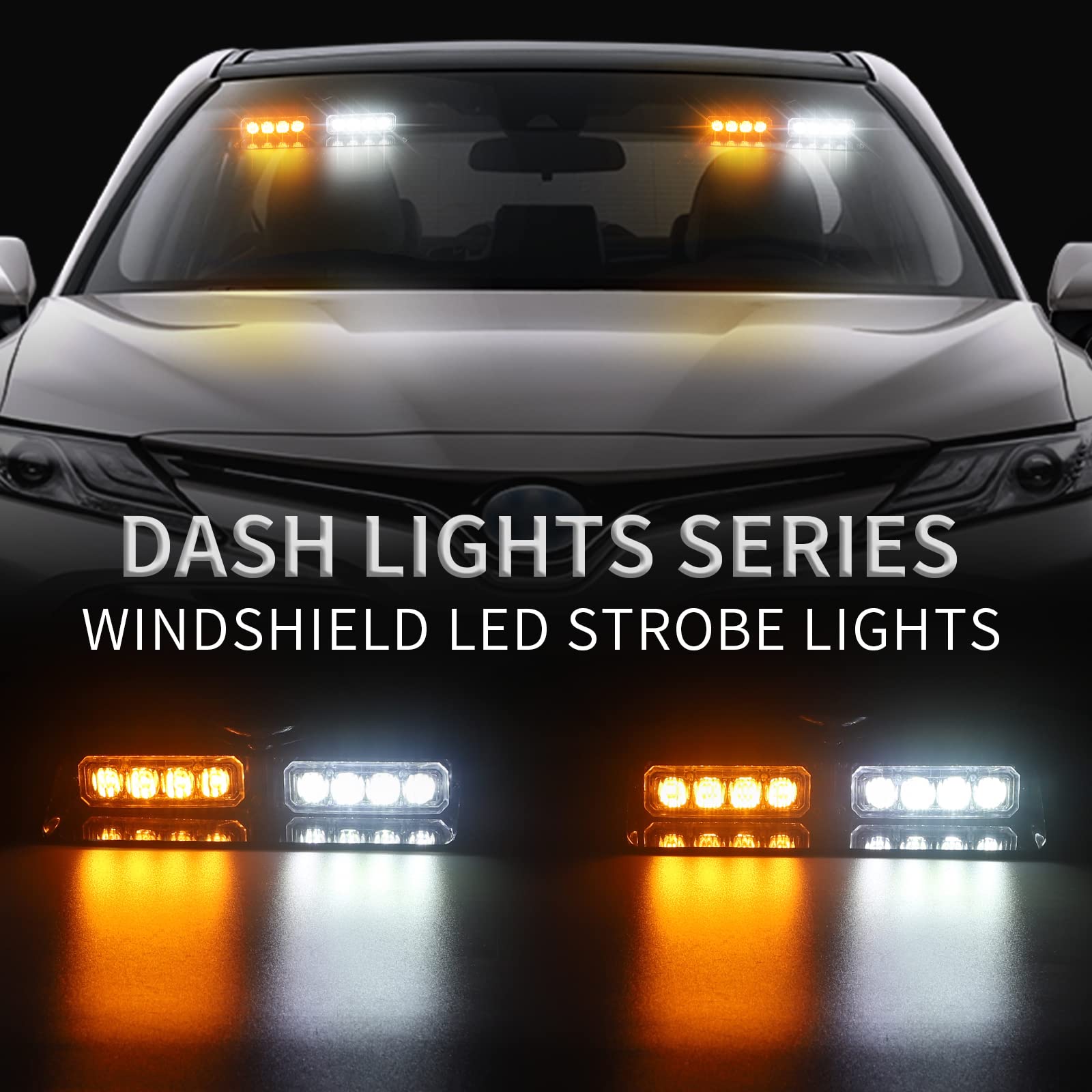 XRIDONSEN 2 in 1 Emergency Dash Strobe Lights - Amber/White, 16 LED, 2×7.16 inch, Suction Cup Mount for Trucks and Construction Vehicles