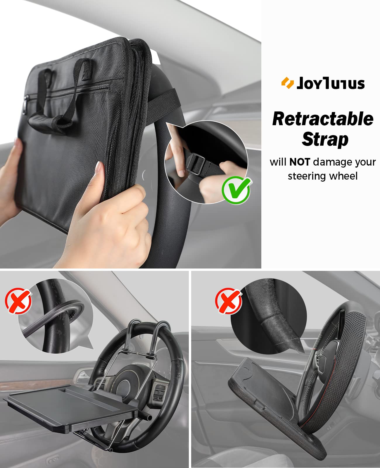 JOYTUTUS 3 in 1 Car Steering Wheel Tray, Black Leather Laptop Desk, 16.1''x10'', Multifunctional Organizer for Kids & Commuters