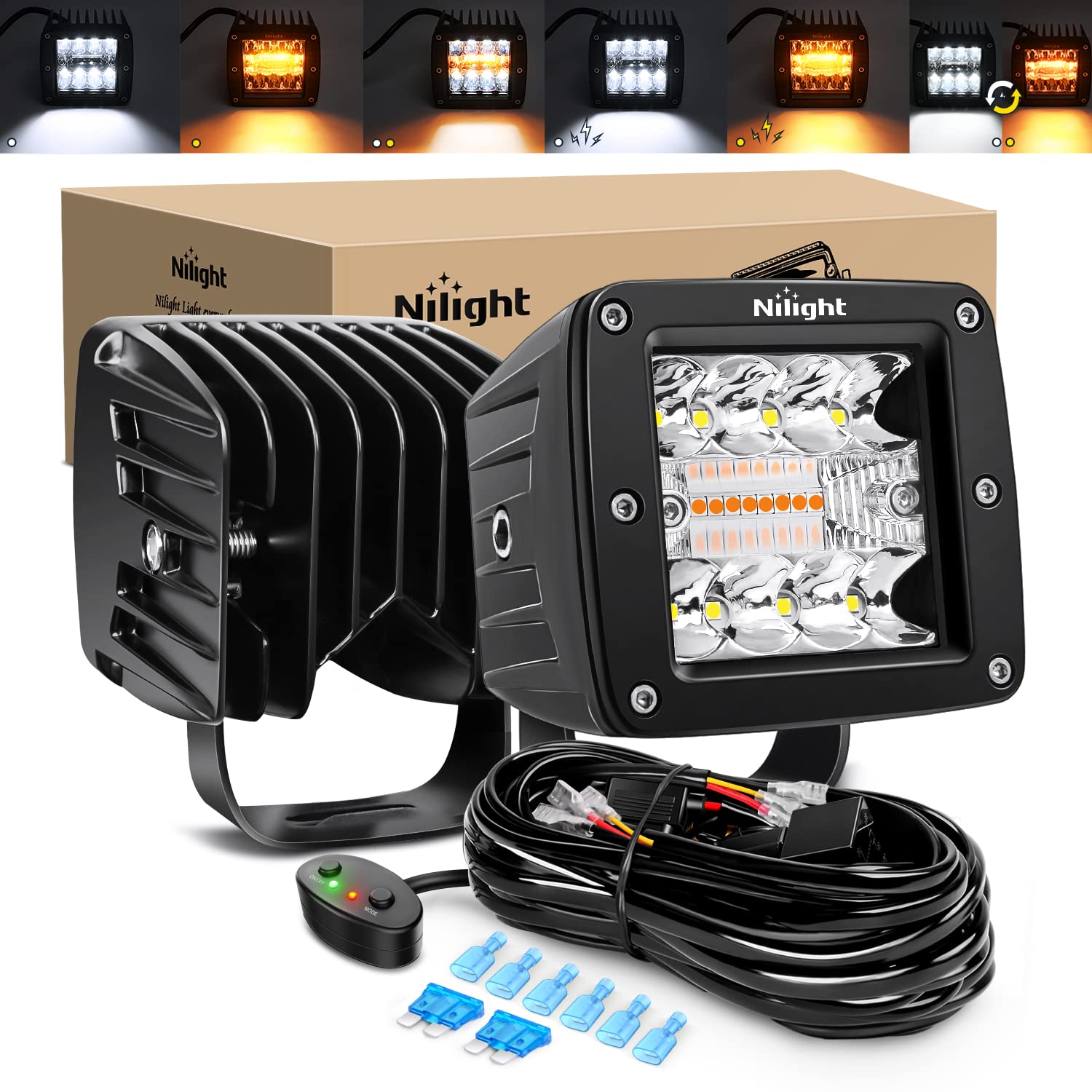 Nilight 2Pcs 42W Led Pods Light 3Inch Cubes Amber White Strobe 6 Modes Memory Function Off-Road Truck Car Atv Suv Cabin Boat Wit