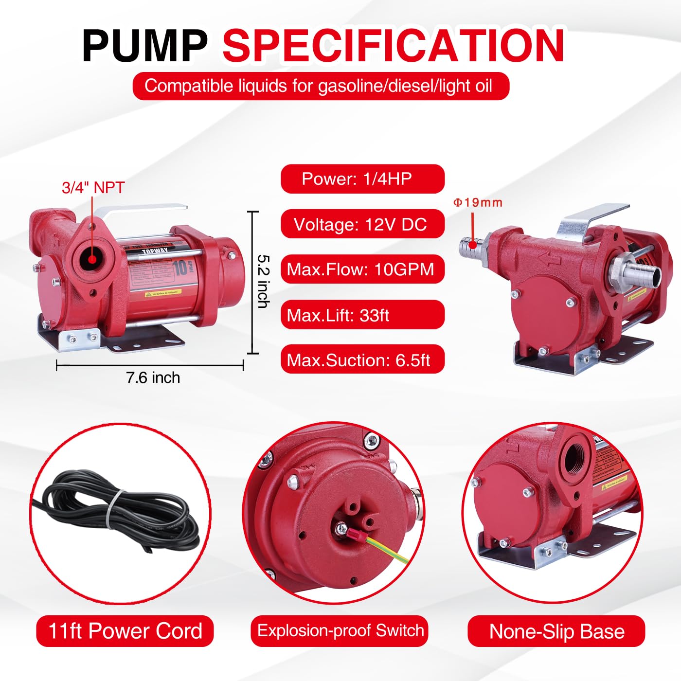 TOPWAY 12V DC Gasoline Fuel Pump - 10GPM Self-priming, Cast Iron, Overheat Protection, Model TOP07071, Explosion-Proof, Red