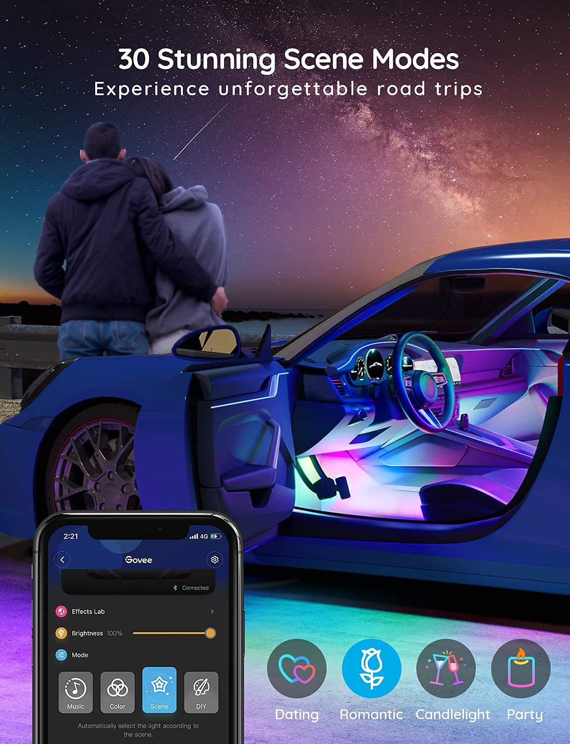 Govee Smart Car LED Strip Lights, RGBIC, APP Control, 4 Music Modes, Model H70900A1, Interior Lights for SUVs, DC 12V