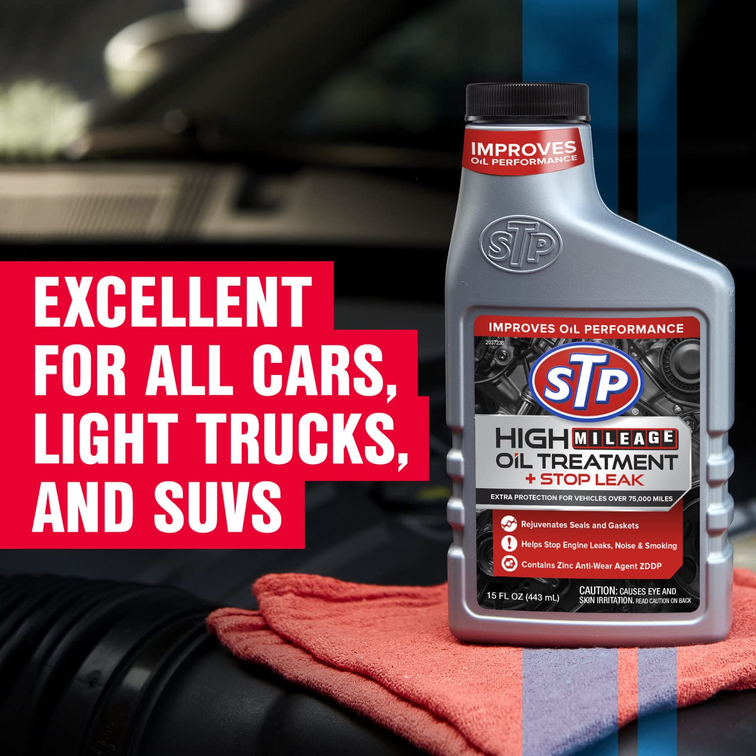 STP High Mileage Oil Treatment + Stop Leak, 15 FL OZ, Model 15604B - Engine Oil Additive for Enhanced Performance