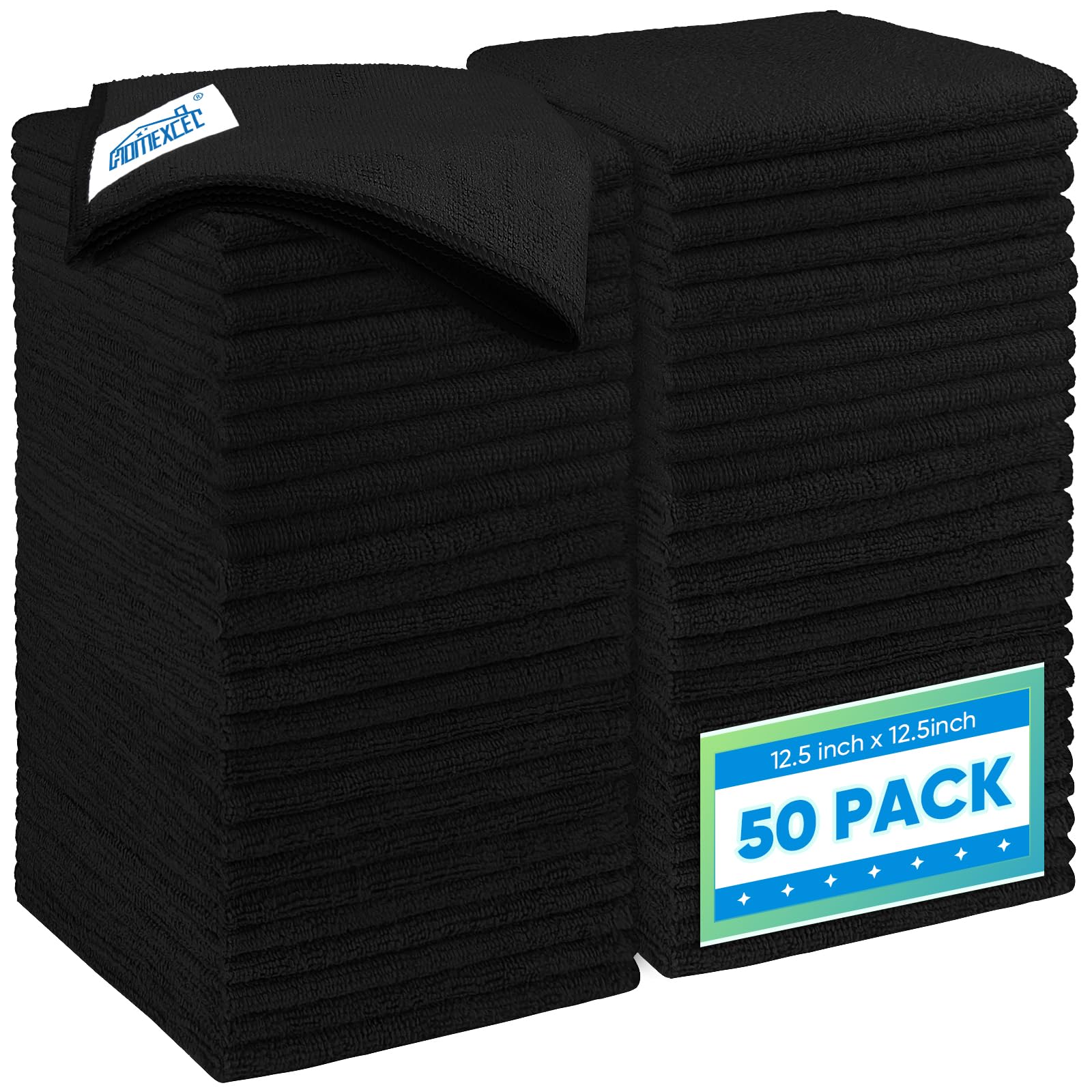 Homexcel Black Microfiber Cleaning Cloth 50 Pack, 12.5 X 12.5 Inch Microfiber Towels For Cars, Ultra Absorbent Car Washing Cloth