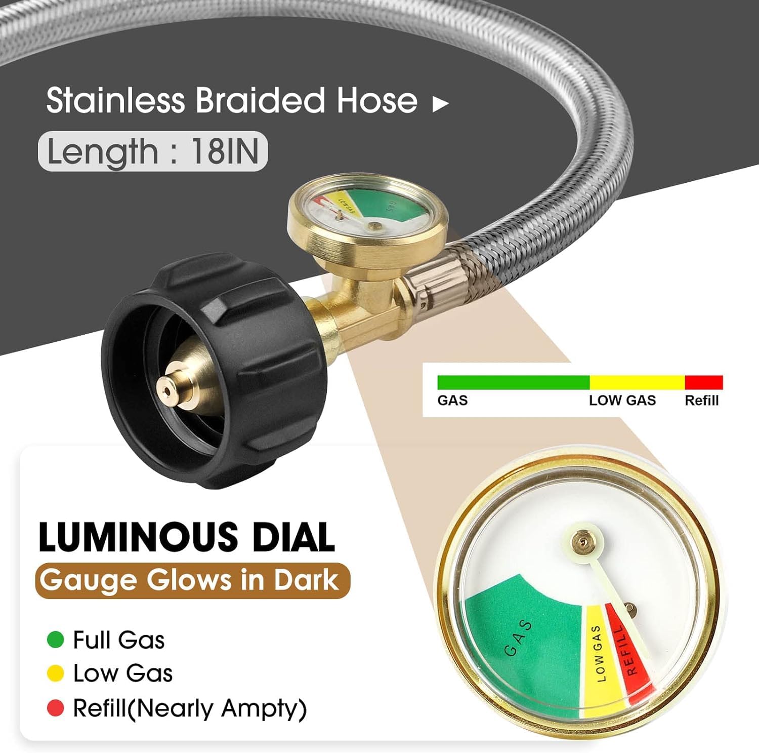 Nqn 2-Stage Automatic Changeover Lp Propane Gas Regulator With Two 18 '' Rv Pigtail Propane Hoses With Gauge, Stainless Braided