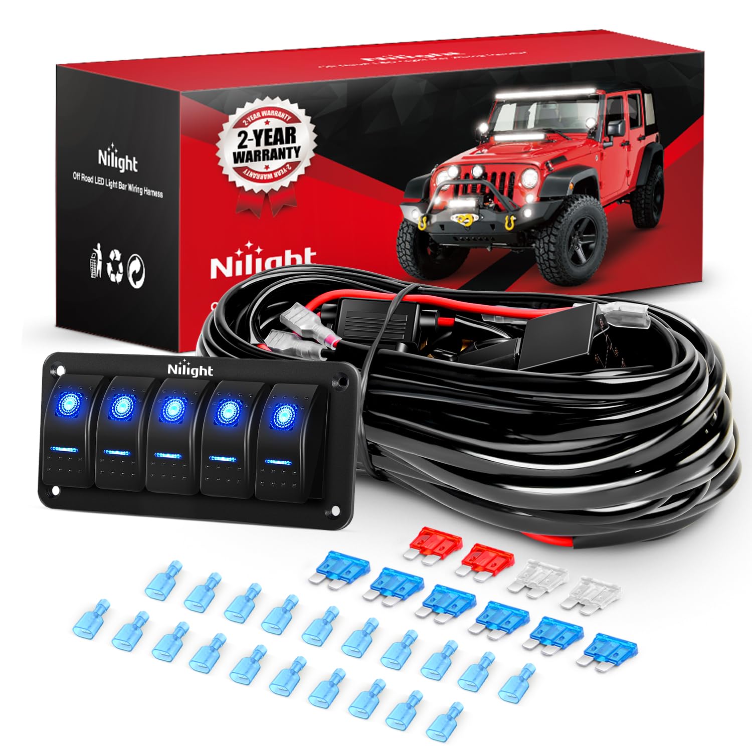 Nilight 16Awg 14Awg 12Awg Led Light Bar Wiring Harness Kit 12V On/Off 5 Gang Rocker Switch Panel Power Relay Blade Fuse 5Pin Tog