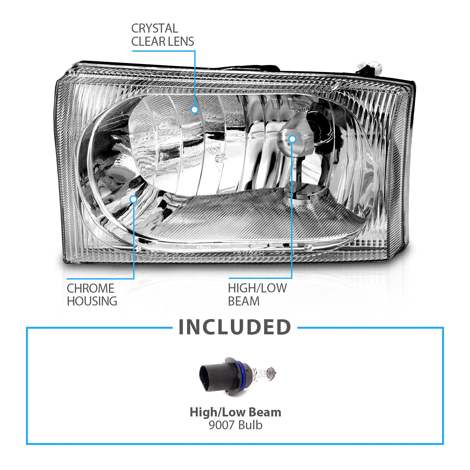 AmeriLite Chrome Headlights for 1999-2004 Ford Super Duty F-250/F-350/F-450/F-550 & Excursion - Driver & Passenger Side Pair