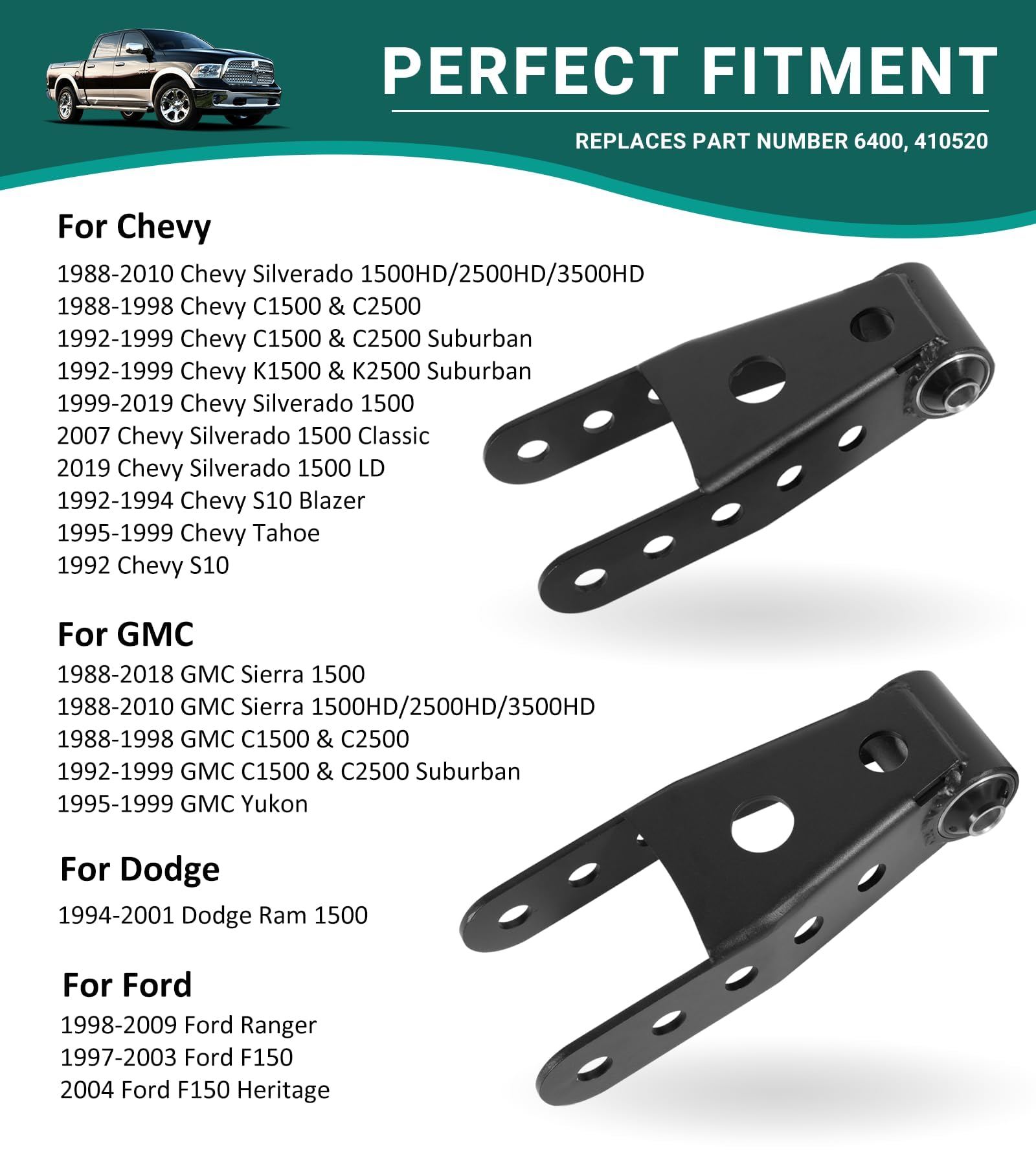 Camoo Suspension Rear Drop Shackles Kit for Chevy Silverado & GMC Sierra 1500, Alloy Steel, Model BZ41445A, 2-3" Lowering