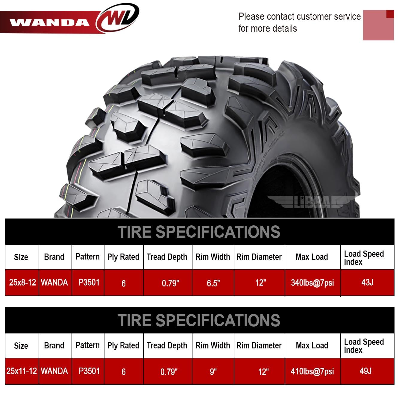 Wanda 25X8-12 & 25X11-12 Utv Atv Tires 6-Ply Full Set Bighorn Style Solid Tread