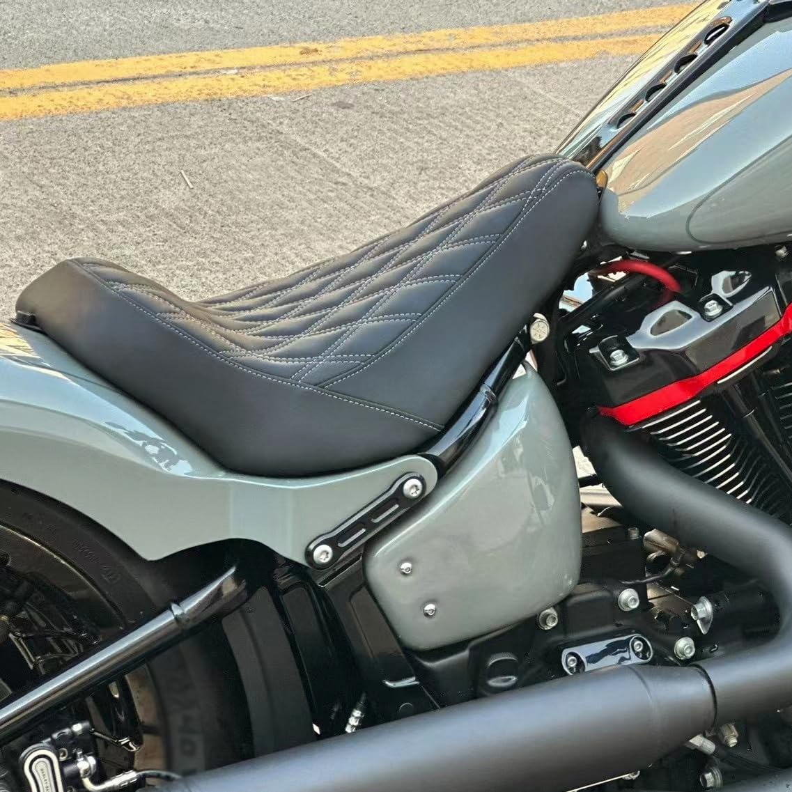 HDBUBALUS Motorcycle Solo Seat Cushion - Faux Leather, Diamond Design, Compatible with Harley Breakout Fatboy 2018-2023, White Thread