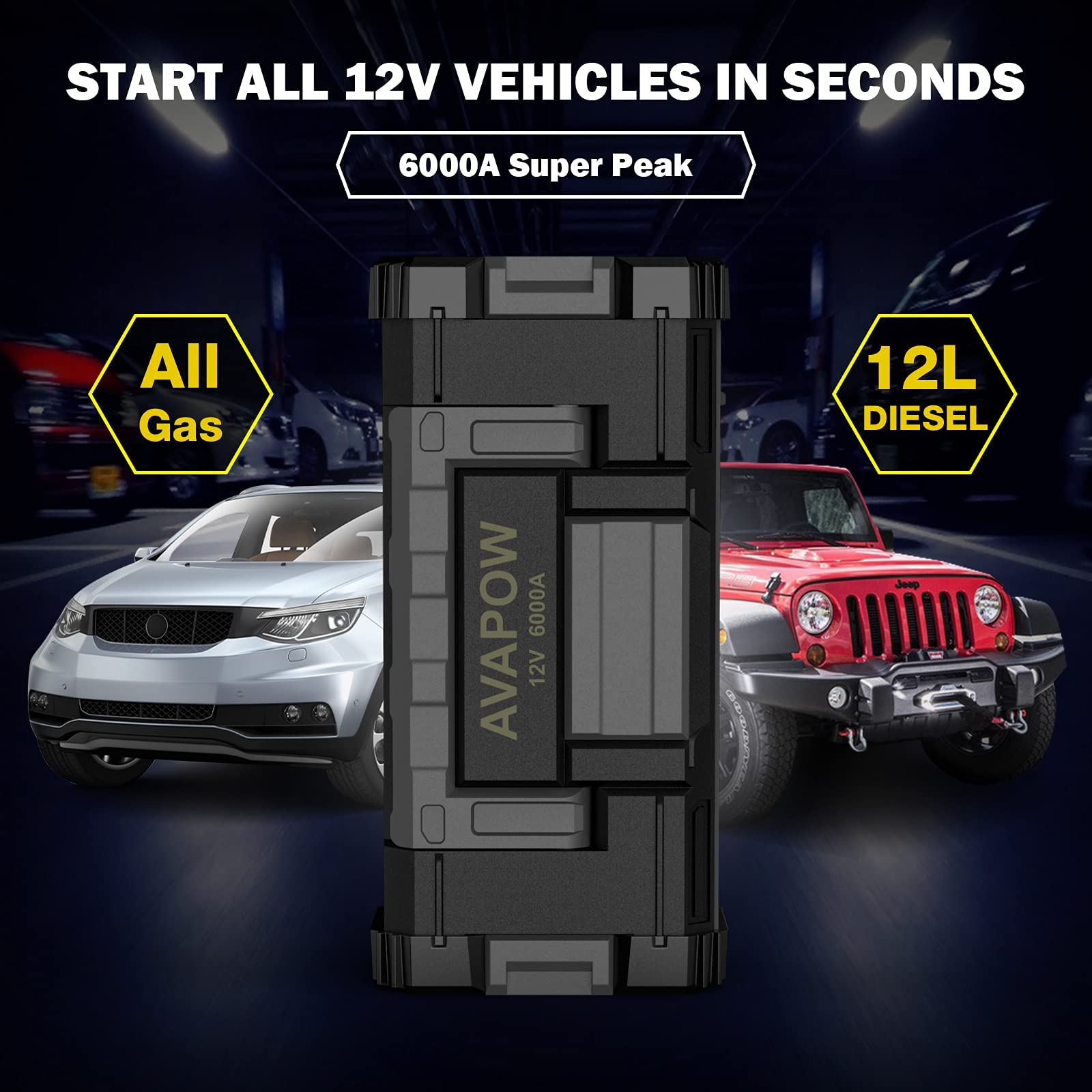 AVAPOW 6000A Car Battery Jump Starter for Gas & Diesel Vehicles, Dual USB Quick Charge, 12V with LED Light