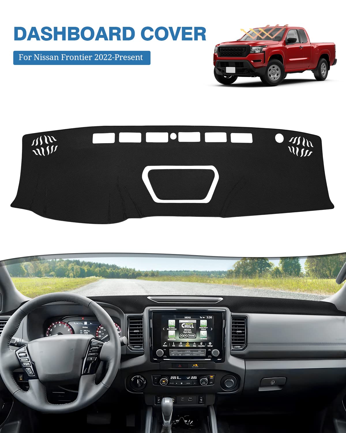 FIILINES Dash Cover for 2022-2025 Nissan Frontier, Black Mesh Protector, Nonslip Dashboard Mat Accessory