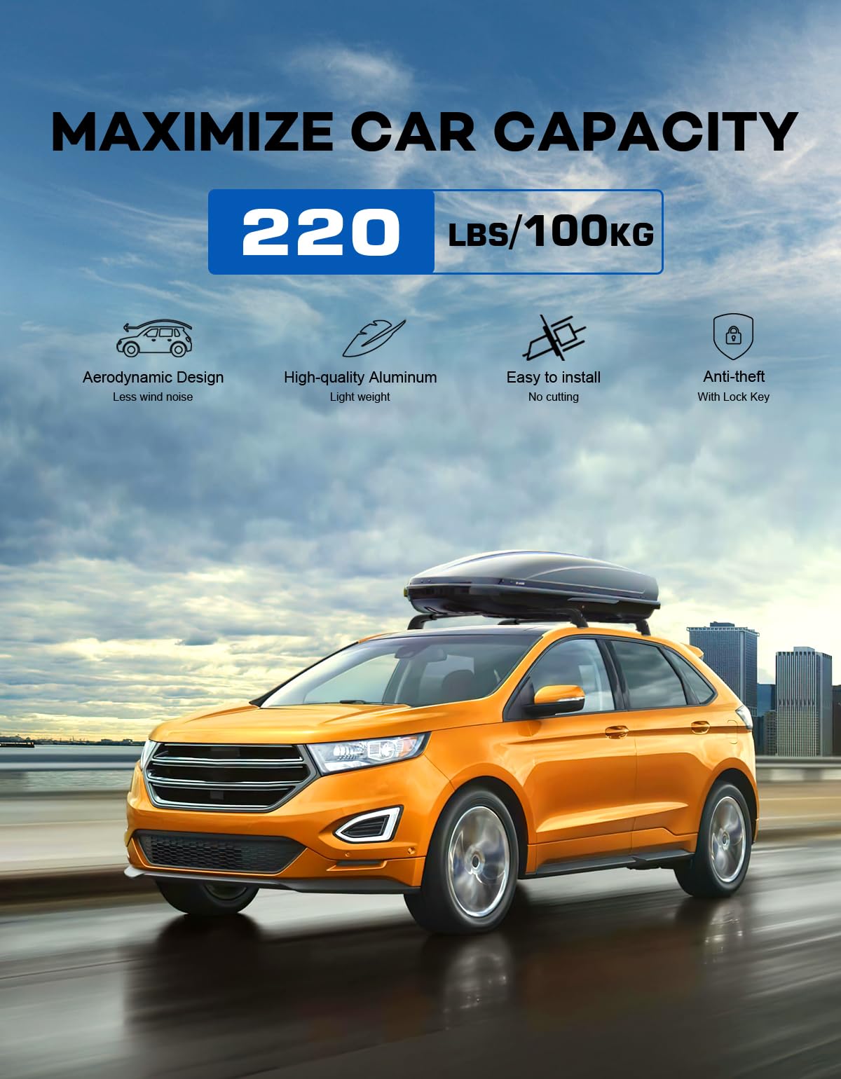 Wonderdriver Roof Rack Cross Bars 220lbs for Ford Edge 2015-2024, Heavy Duty Aluminum, Lockable, Black