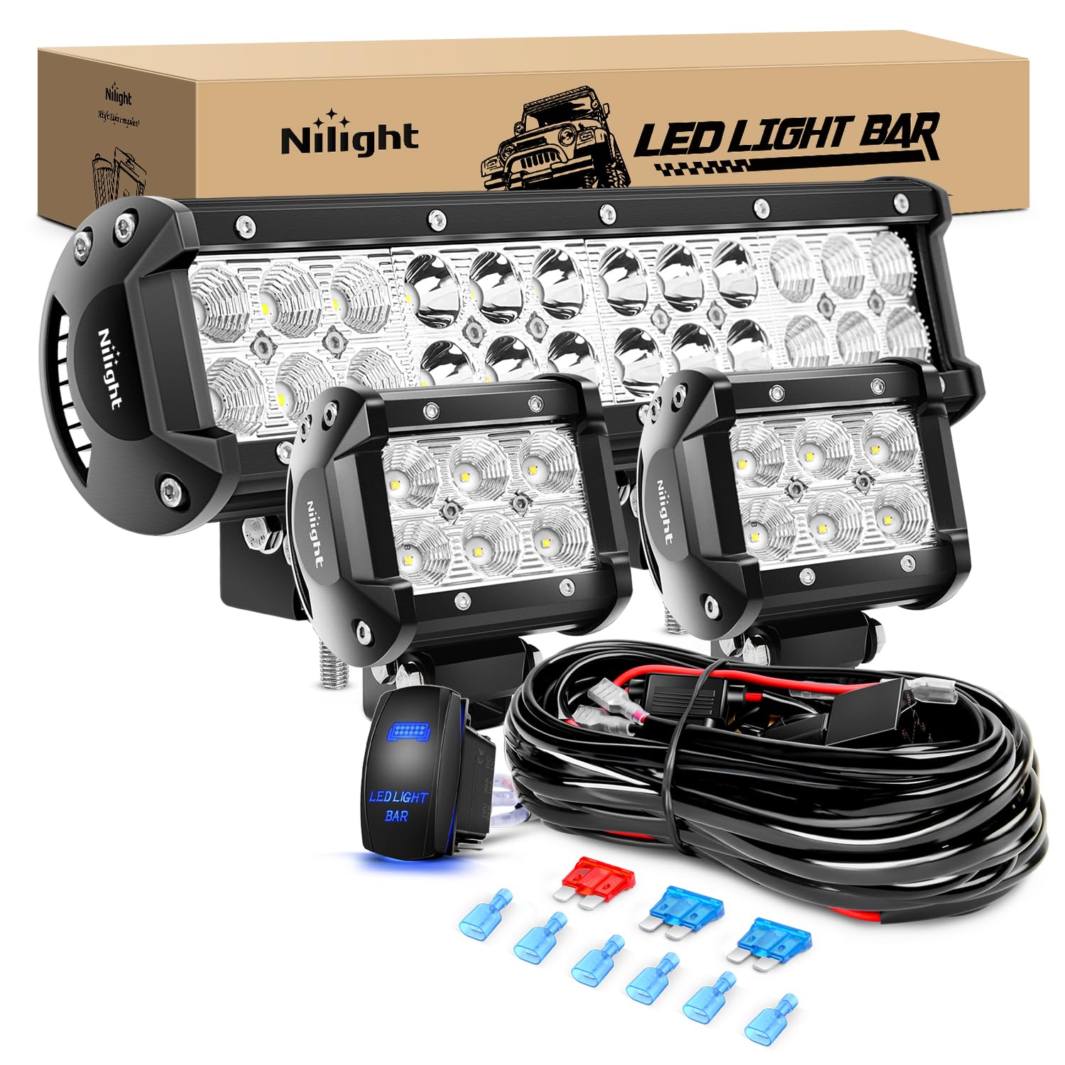 Nilight 12 Inch 72W Led Light Bar Spot Flood Combo 2Pcs 4 Inch 18W Led Pods Boat Lights Driving Fog Lights Work Light For Trucks