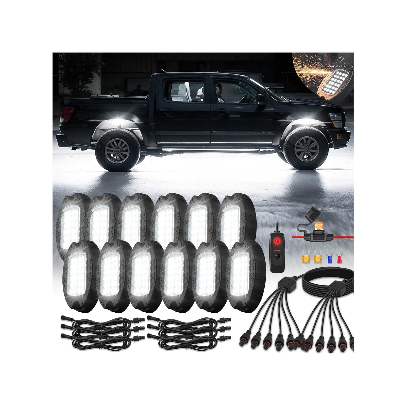 12Pods Metal All Pure White LED Rock Lights Full Kit Plug and Play&Pre Wired 6500K with Switch Wiring Harness Extension Fuse,288