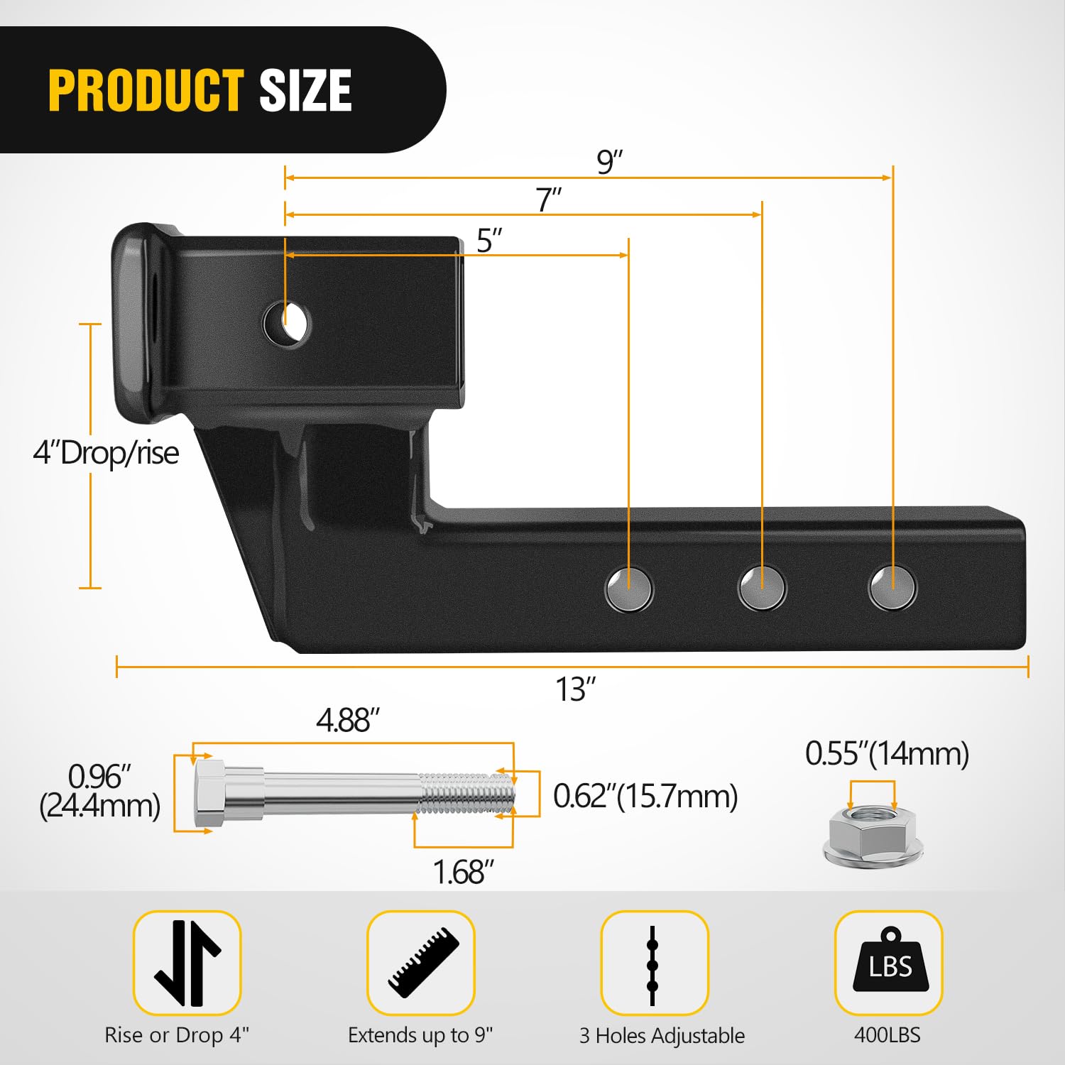 Nilight Trailer Hitch Extension Riser 2" Receiver, 4" Rise/Drop, 7500 lbs Capacity, Adjustable Length 5-9", Alloy Steel, Matte Black