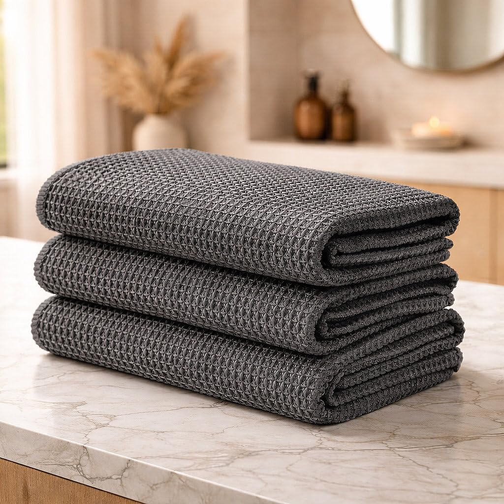 SIMPARTE 270 GSM  Set of 3  Shining Waffle Weave Microfiber Cleaning Towels  Highly Absorbent Lint Free Cloths for Car Cleani