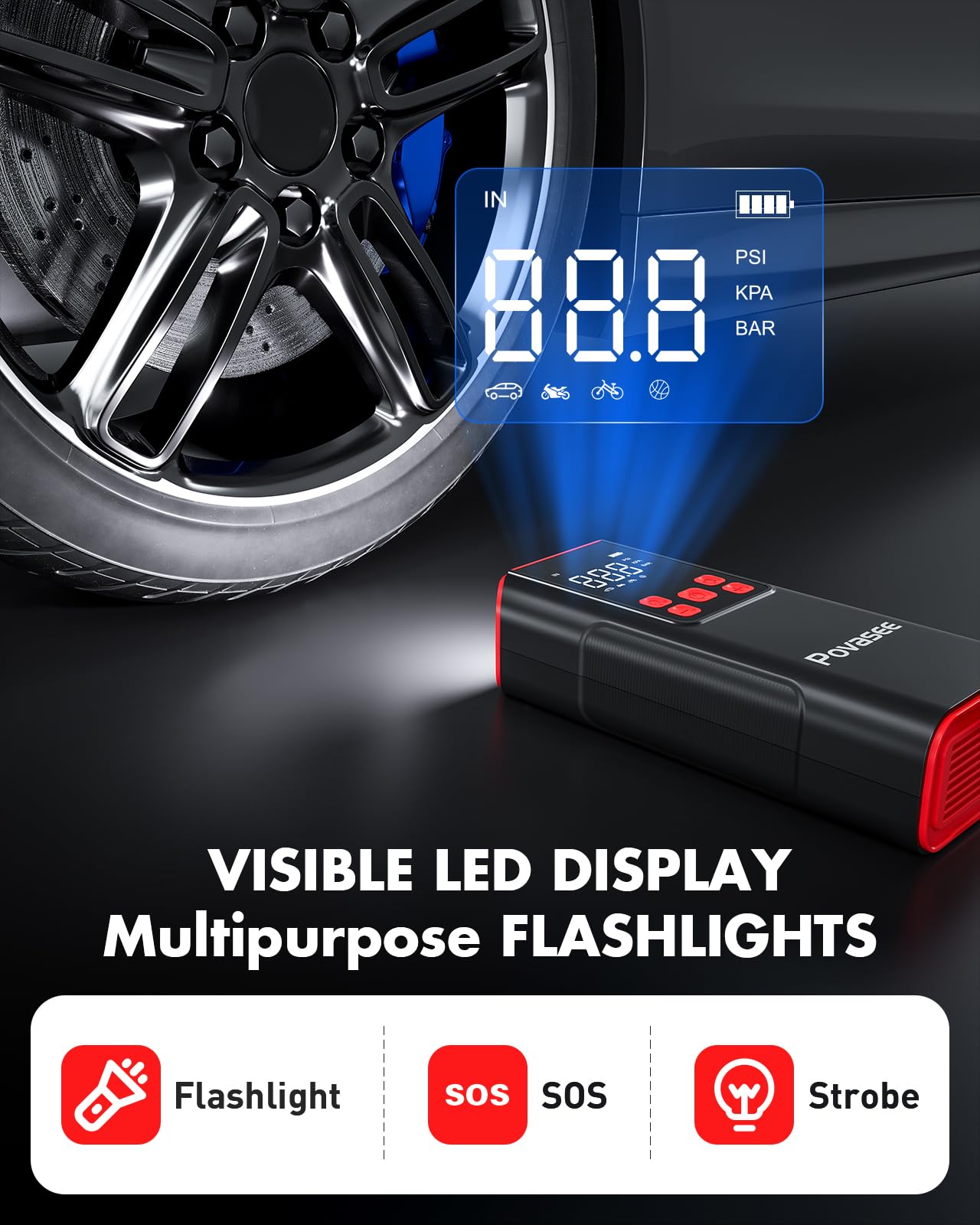 Tire Inflator Portable Air Compressor Povasee 150Psi Portable Air Pump For Car Tires Portable Air Compressor With Lcd Display,Fl