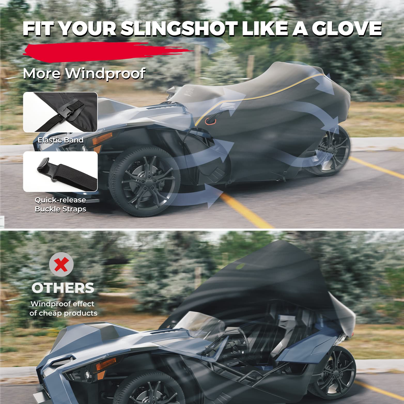 KEMIMOTO Half Cover Cockpit Cover for Polaris Slingshot, Waterproof Black Oxford, Medium 94.5"Lx78"Wx52"H with Reflective Strips