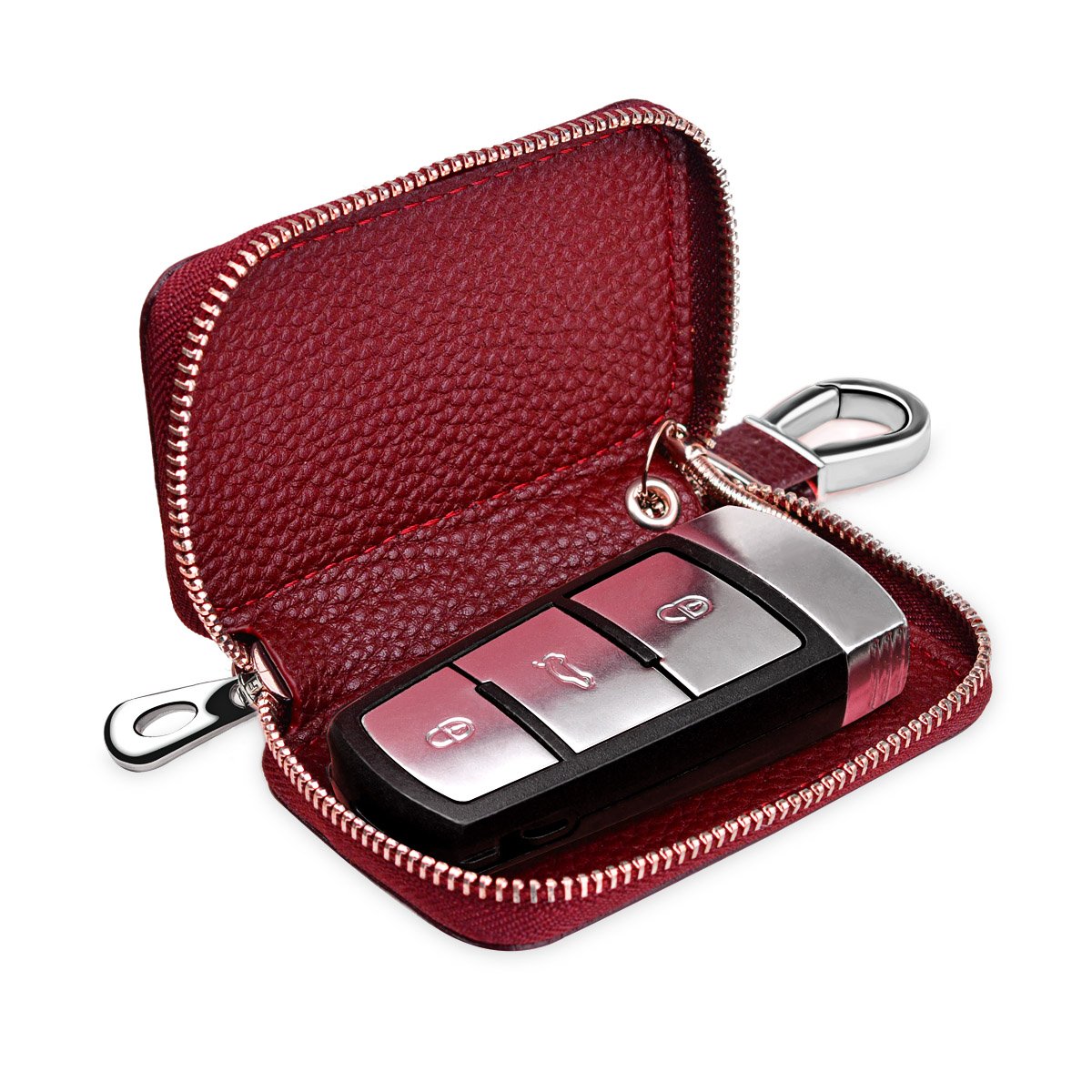Buffway Car Key Chain Bag,Genuine Leather Car Keychain Coin Holder Metal Hook and Keyring Wallet Zipper Case for Auto Remote Key