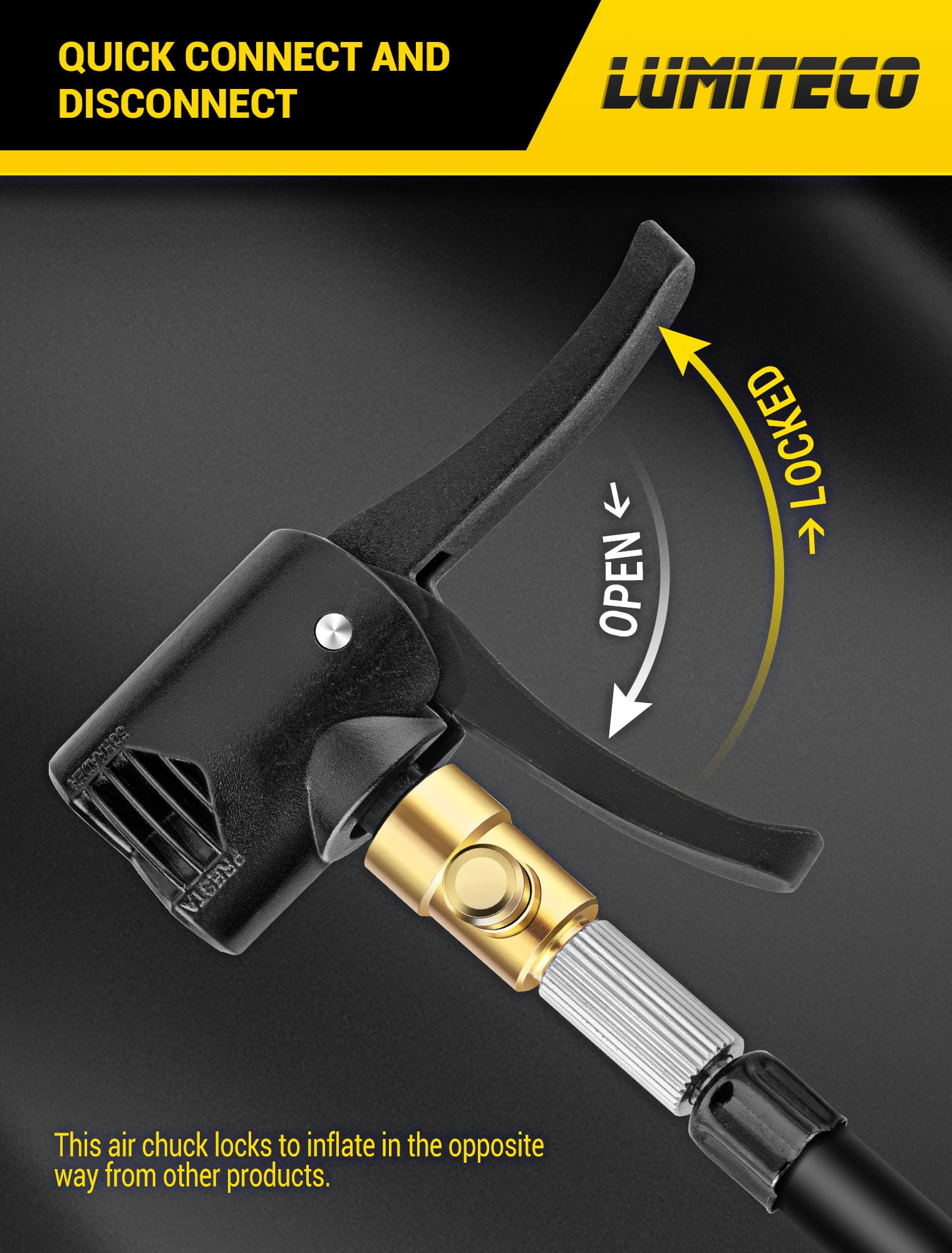 LUMITECO Dual Head Air Chuck for Bike Tires, Presta & Schrader Valve Adapter, Compact Design, Model 649226714553