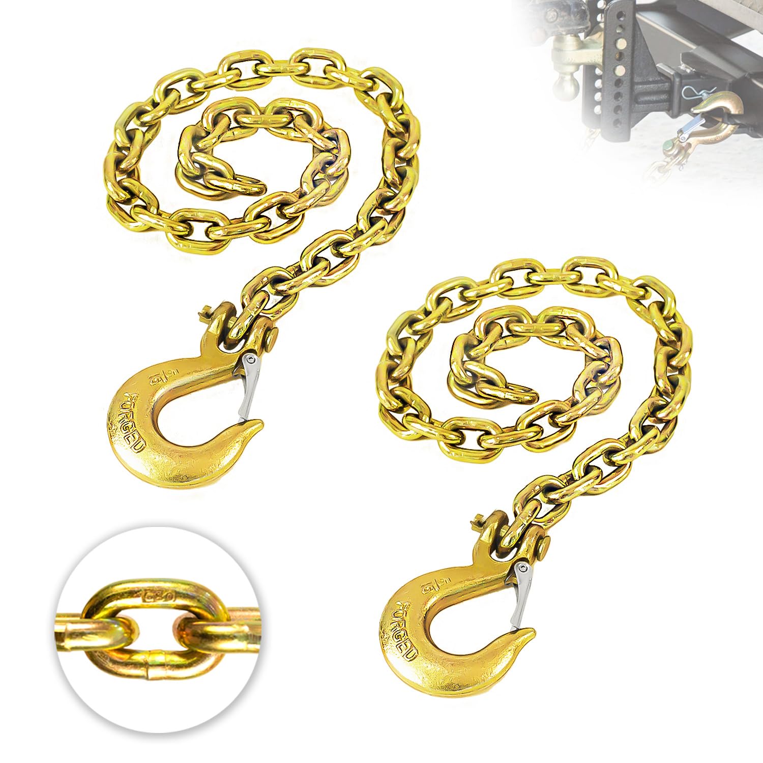 2-Pack Grade 80 Trailer Safety Chain 36 Inch with 5/16'' Clevis Snap Hook Heavy-Duty Transport Chain WLL 21,000 lbs for Towing