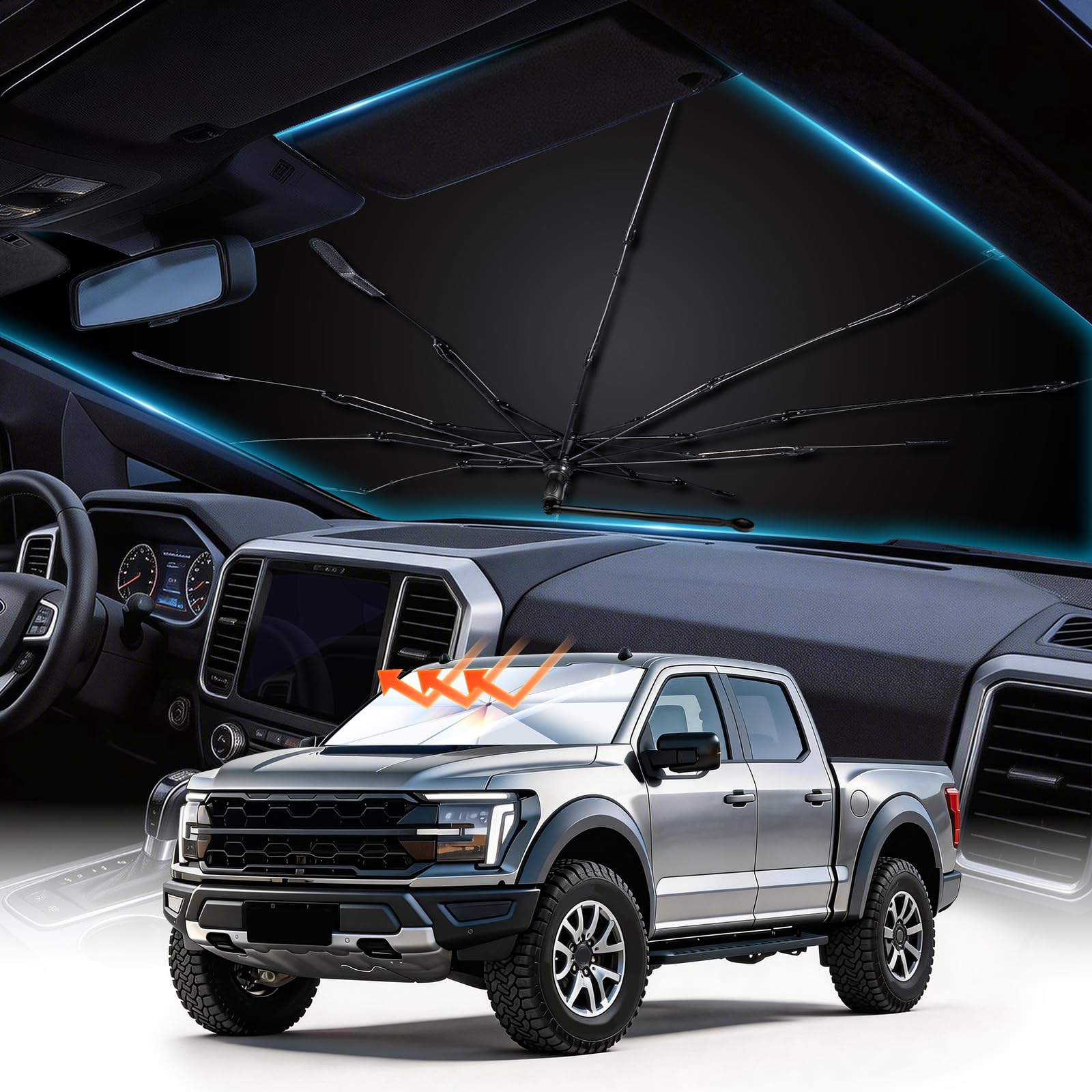 Windshield Sun Shade Umbrella for 2021-2026 Ford F-150 F-250 F-350 Accessories, Custom Fit Front Window Sunshade with UV Block &