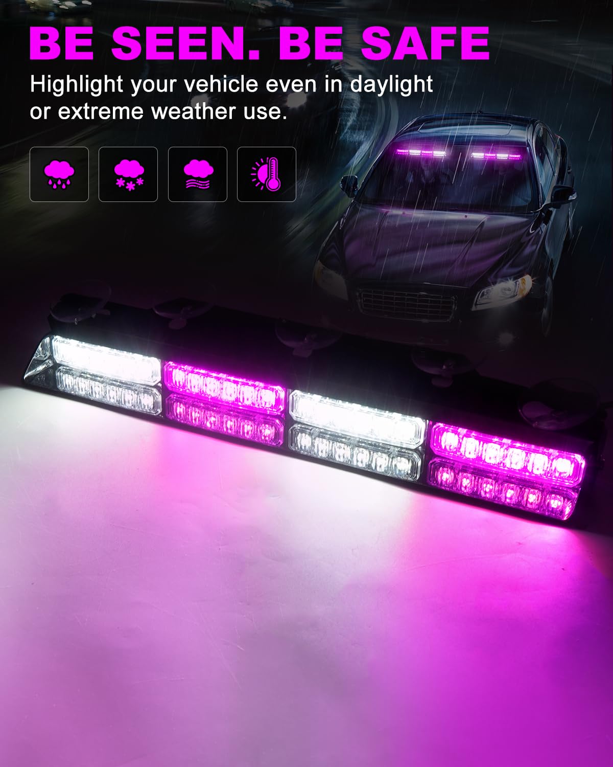 HLauto Emergency Dash Strobe Lights - 48 LED, 2x16.8" Purple/White, CA-6Z4J, ABS Case & Aluminum Bracket for Trucks & Construction Vehicles