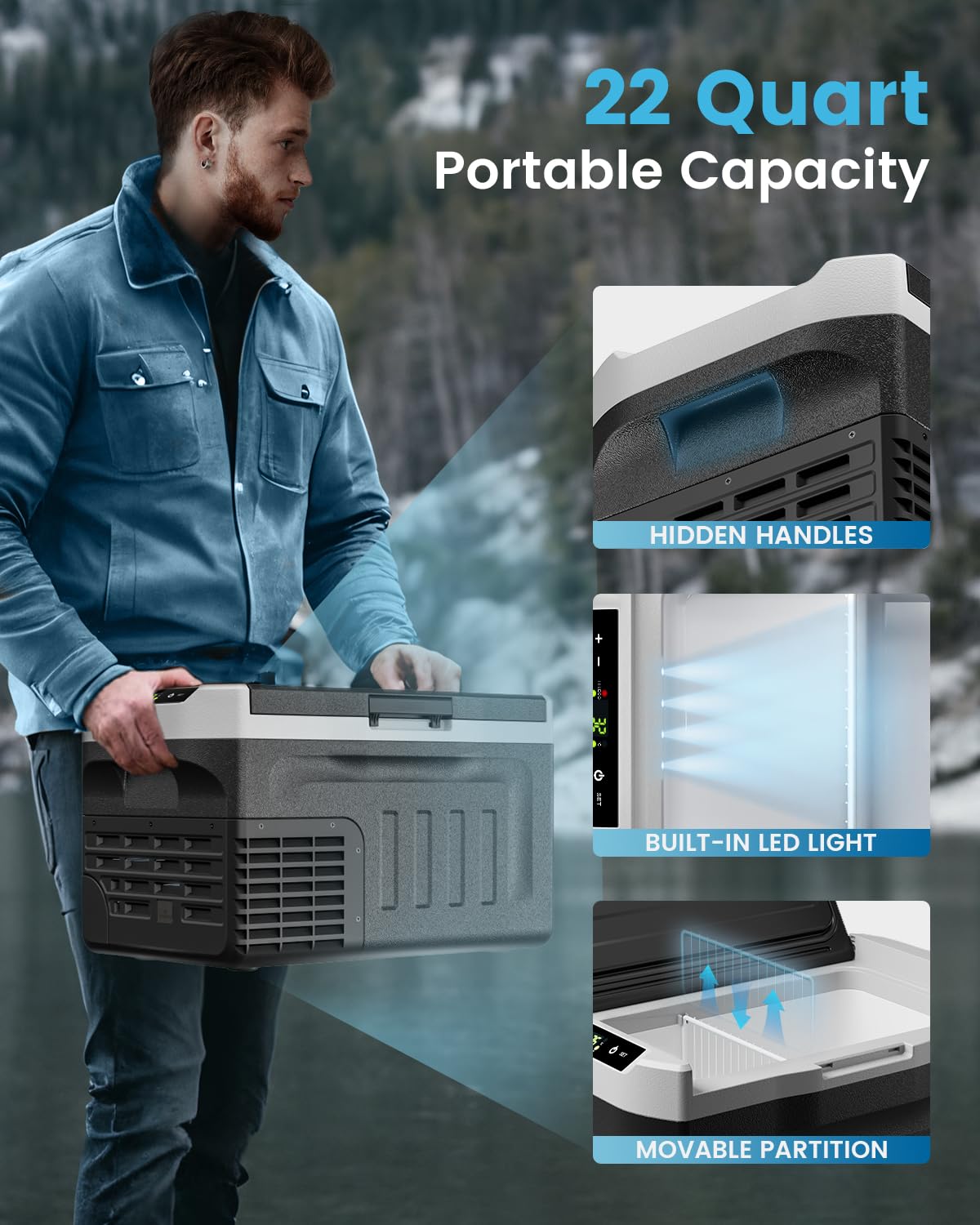 Feelfunn Car Fridge Portable 12 Volt Refrigerator - 22QT(21L) Electric Cooler 12/24V DC&110-240V AC, Fast Cooling Portable Freez