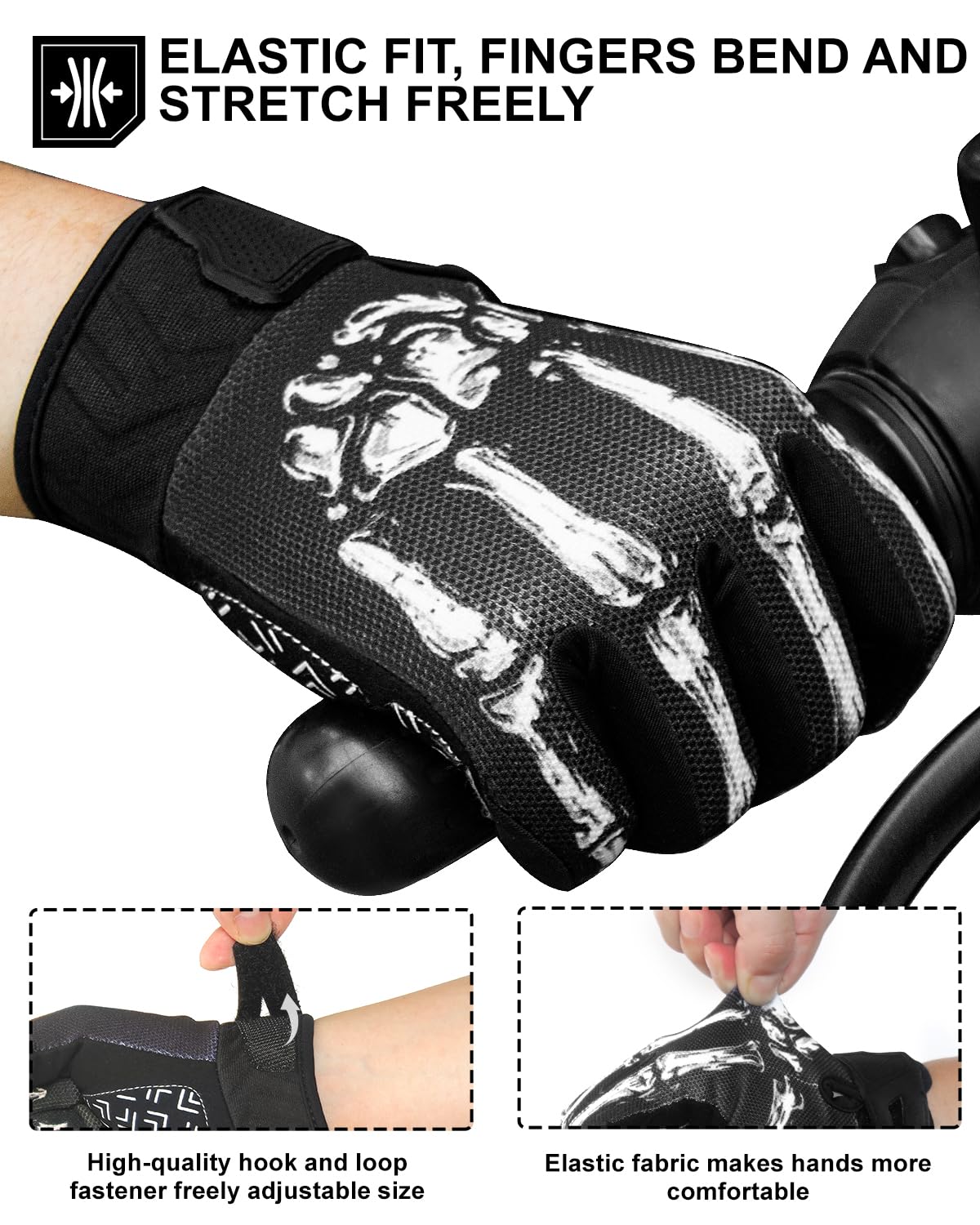 RIGWARL Men's Touchscreen Skeleton Gloves, Medium, White Skeleton, Spandex, for Motorcycle, Mountain Bike, Cycling, Motocross, ATV, BMX