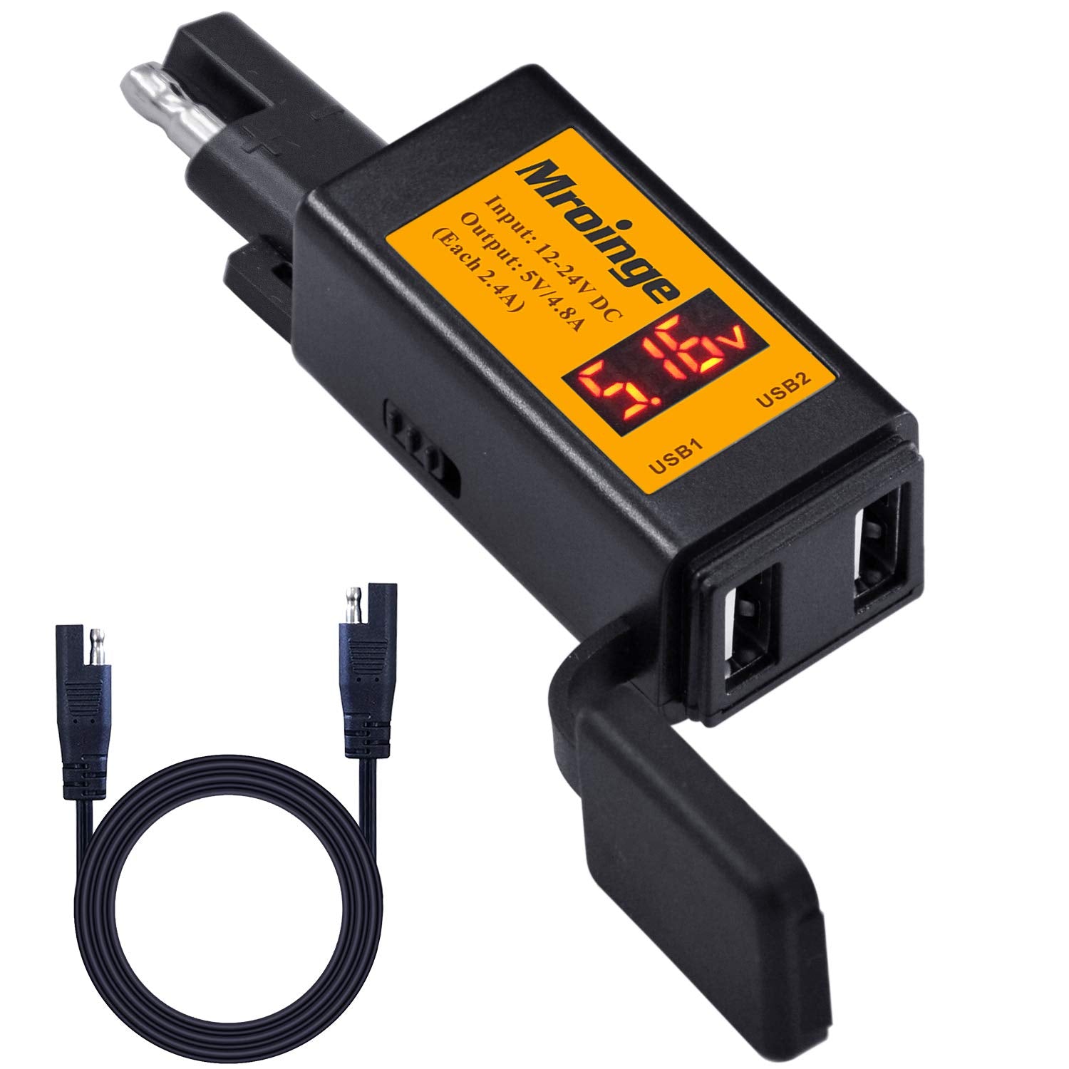 Motorcycle USB Charger, Mroinge 4.8A SAE to USB Adapter with Voltmeter & Ammeter, Quick Disconnect Plug with Dual USB Charger Pe