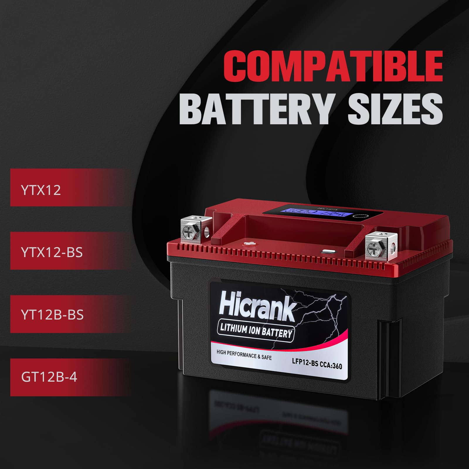 Hicrank YTX12-BS 12V 6Ah Lithium Motorcycle Battery, 360CCA Powersports Battery for Honda, Yamaha, Harley, ATV, UTV, Scooter, Lawn Mower