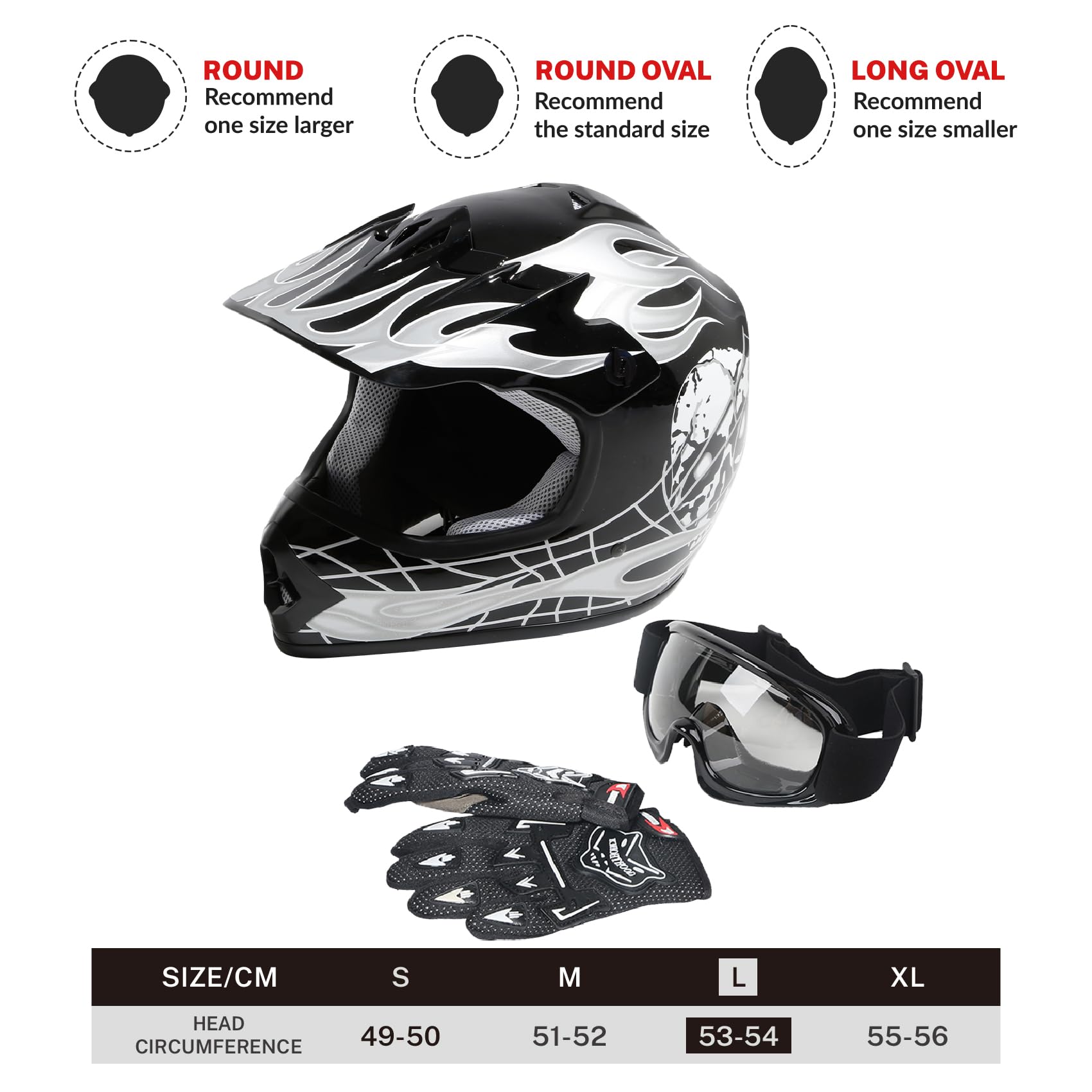 TCT-MOTORPARTS Youth Motocross Helmet, Goggles & Gloves Set, Large, Black Skull, DOT Certified, Durable ABS Material