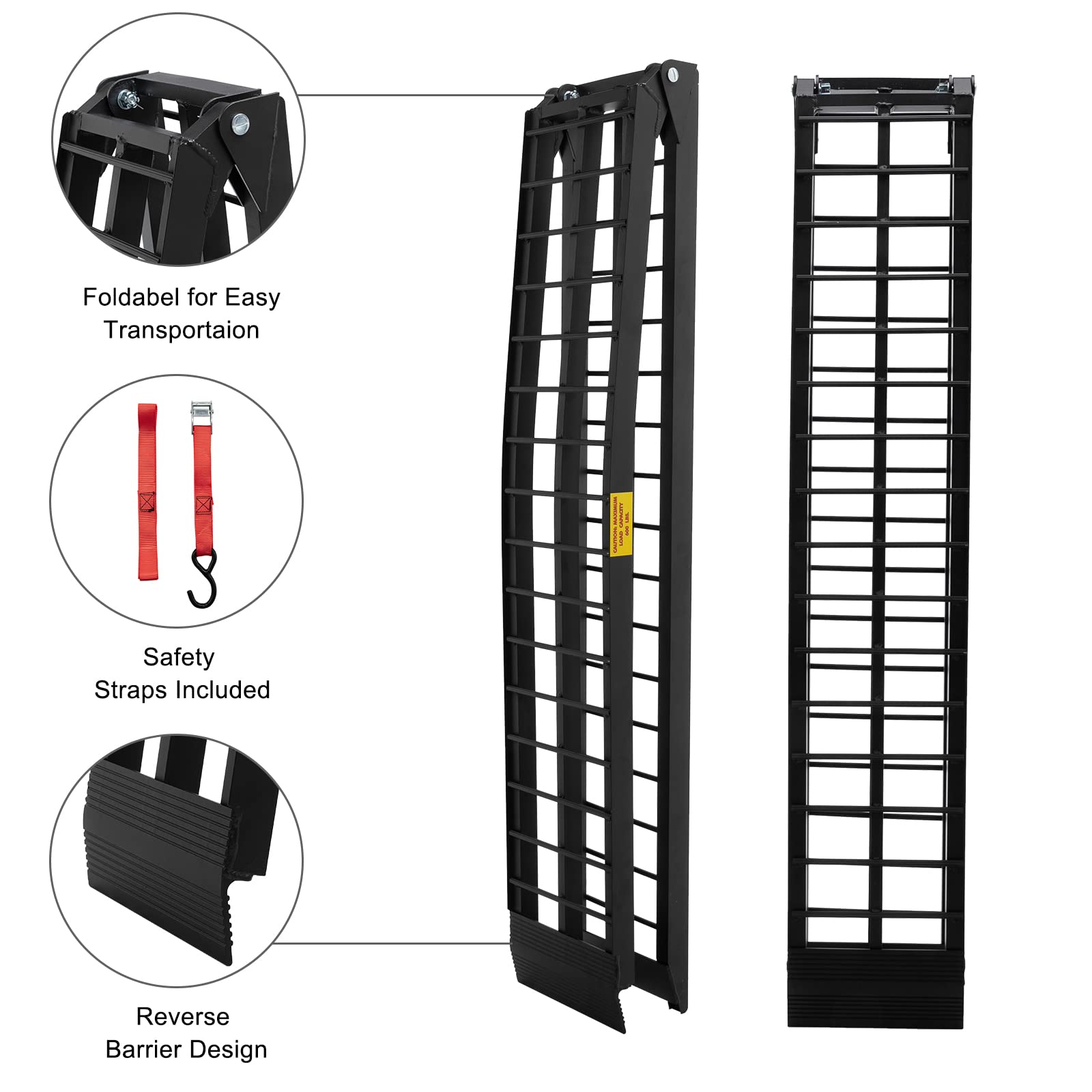 MOTORHOT 10FT Folding Arched Ramps for Lawnmower ATV/UTV Truck - Black Aluminum, 1200lb Capacity