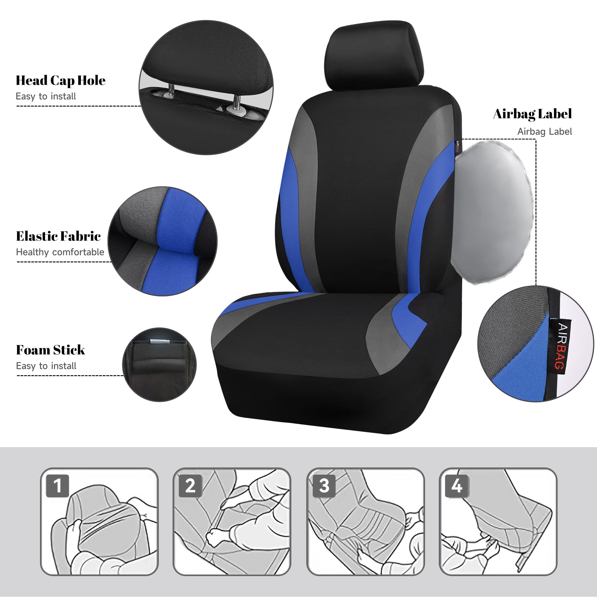 Car Pass Line Rider Sporty Front Seat Covers, Blue Car Seat Covers Two Front Seats Only, Airbag Compatible,Universal Fit Sedans,