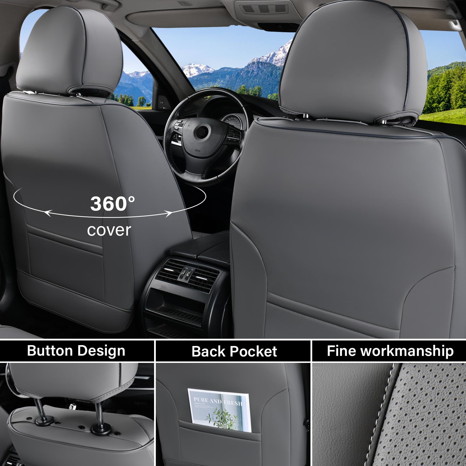 Coverado Car Seat Cover Full Set, Nappa Leather, Waterproof, Gray, Model SCU005, Universal Fit for Most Cars