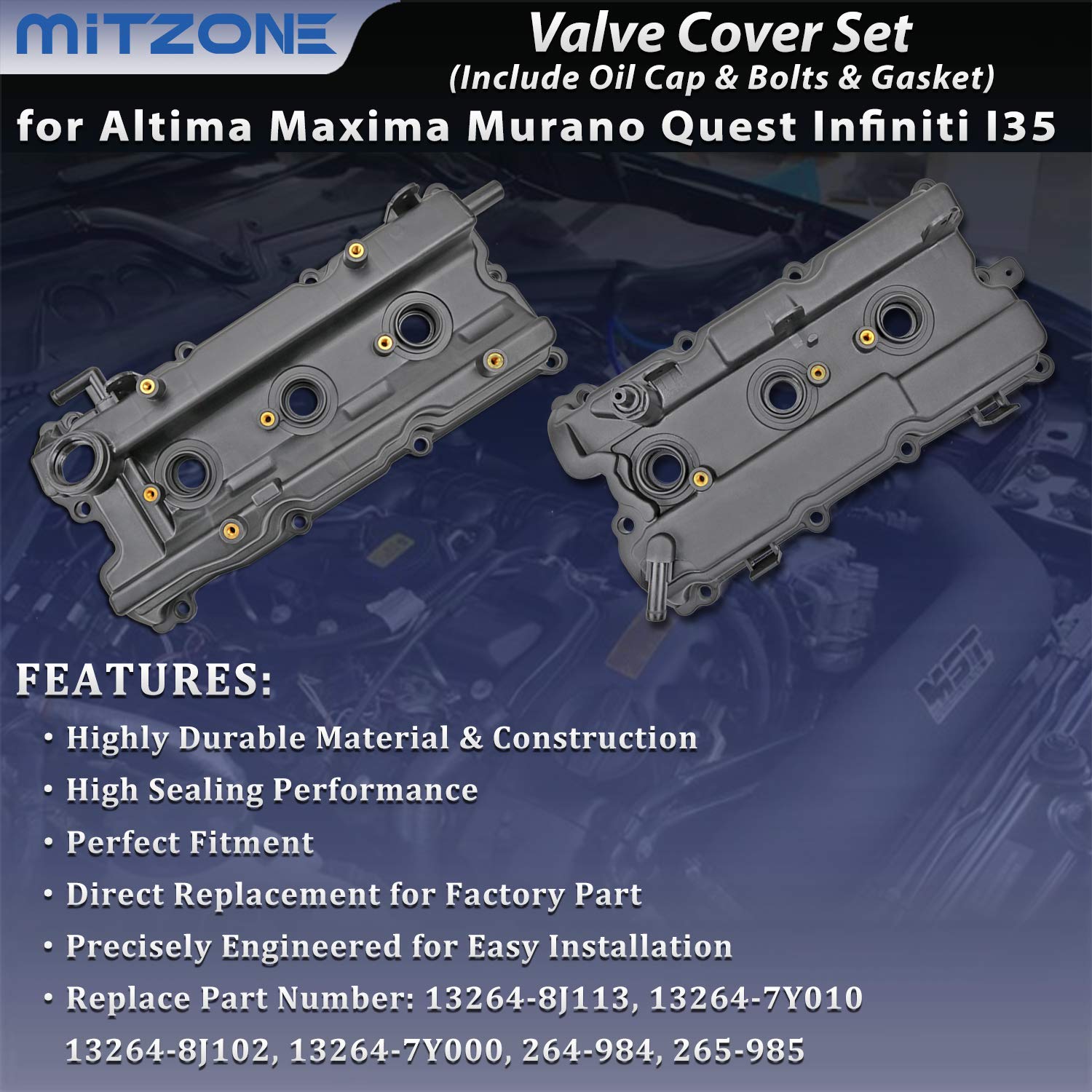 Engine Valve Cover Set With Bolts & Oil Cap & Gaskets & Spark Plug Tube Seals & Pcv Valve Compatible With 2002-2007 Nissan Altim