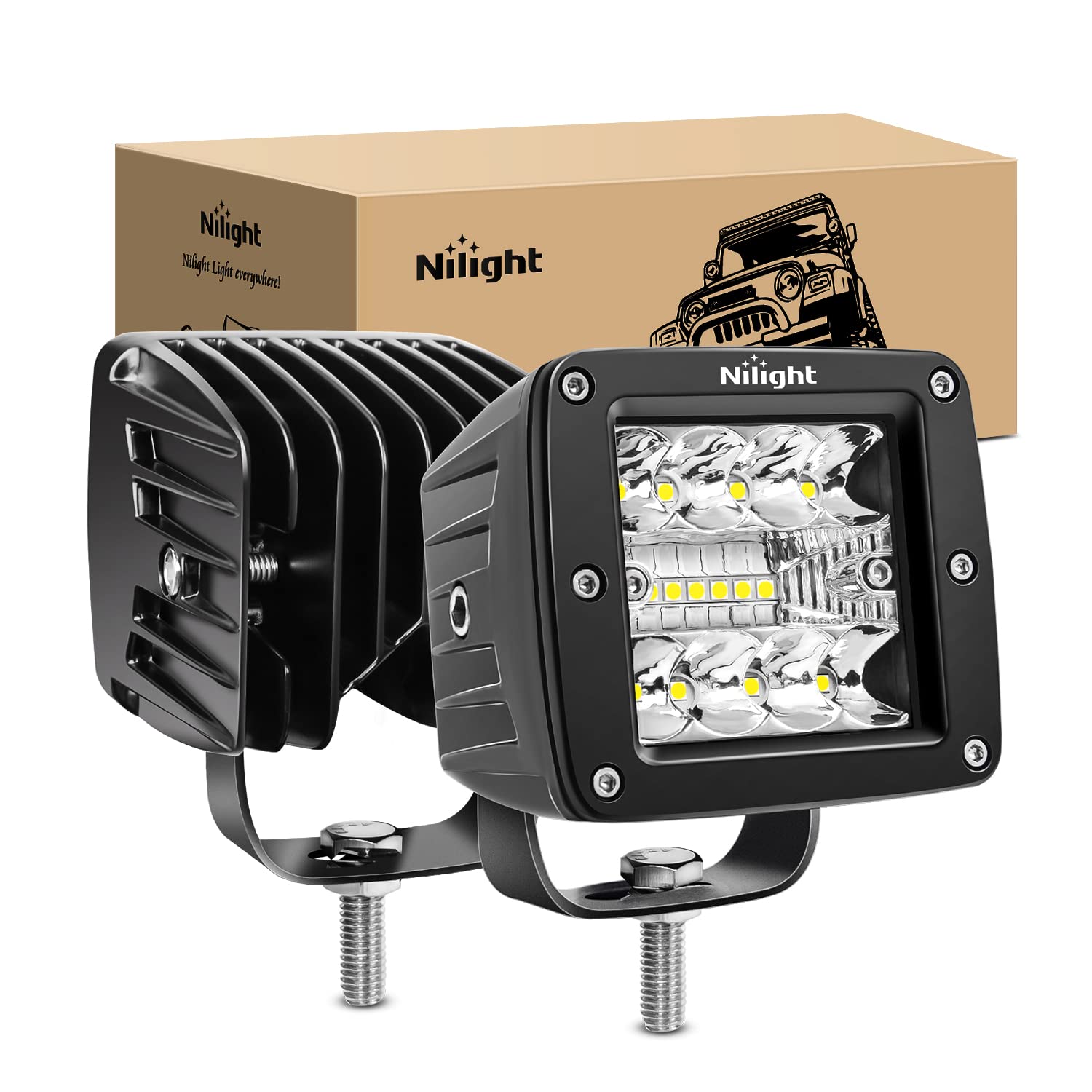 Nilight Led Pods 2Pcs 3 Inch 42W Led Cubes Spot Flood Combo Square Driving Fog Off Road Work Lights For Trucks Pickup Golf Cart