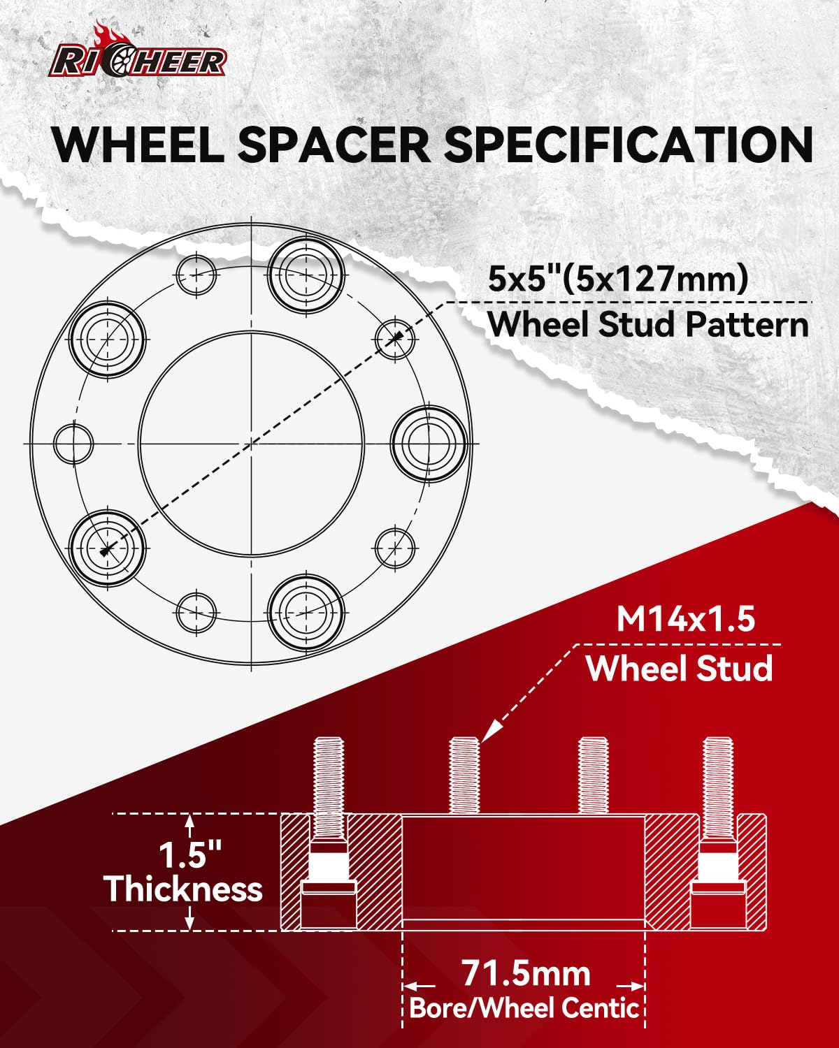 Richeer 1.5" 5x5 Wheel Spacers for Wrangler JL, Grand Cherokee WK2, Gladiator JT - Aluminum, Black, M14x1.5 Studs