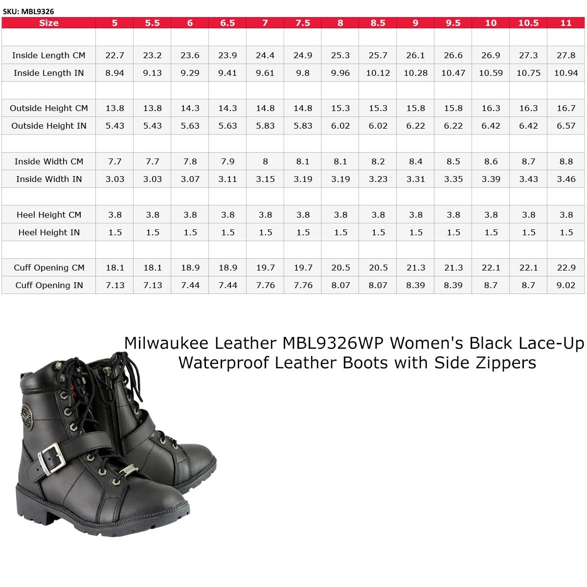 Milwaukee Leather MBL9326WP Women's Premium Black Leather Lace-Up Waterproof Motorcyle Rider Boots - 8.5
