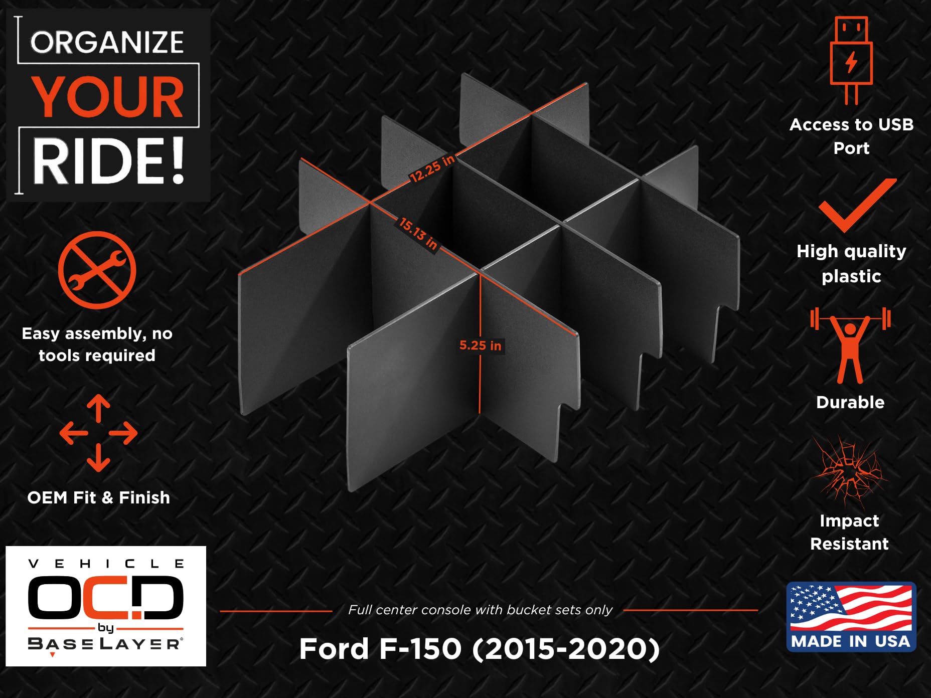 Vehicle Ocd - Center Console Organizer For Ford F150 (2015-2020) (Full Console W/Bucket Seats Only) - Made In Usa - Slx107