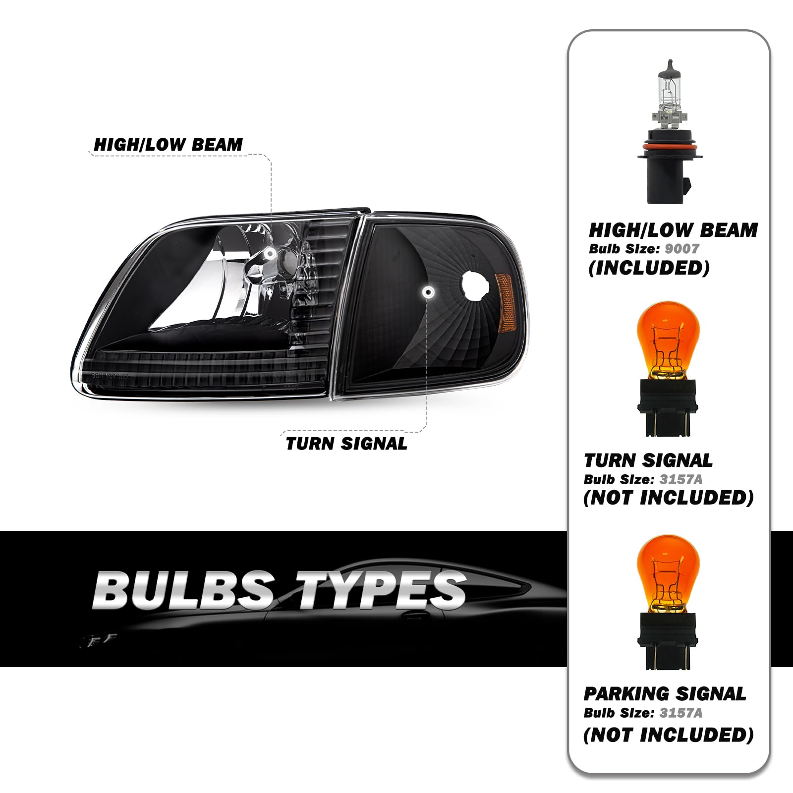 SOCKIR Headlight Assembly with 9007 Bulbs for Ford F150/Expedition/F250, Black Housing with Amber Reflector, 4pcs