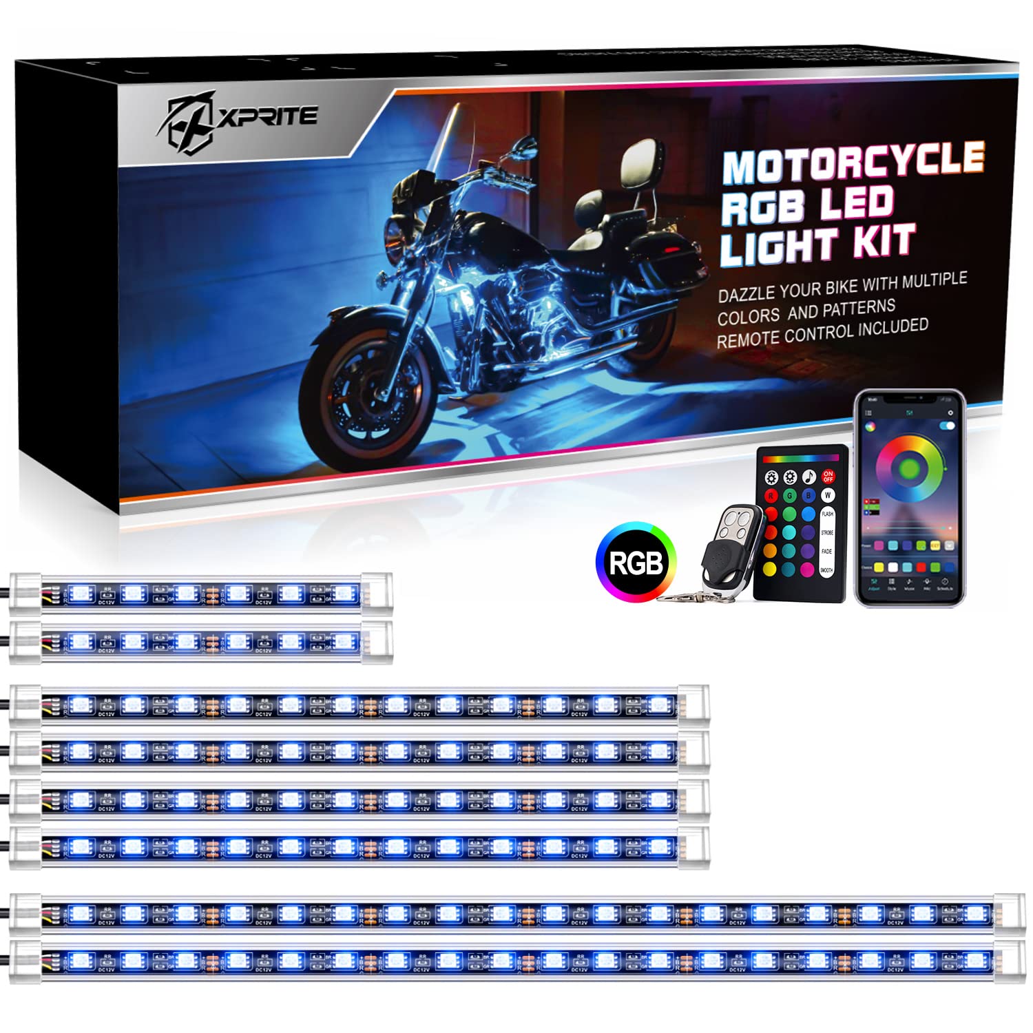 Xprite Motorcycle RGB LED Light Kit Waterproof w/Wireless Remote Control Underglow Neon Lights Strips Red Brake Lamp Function fo
