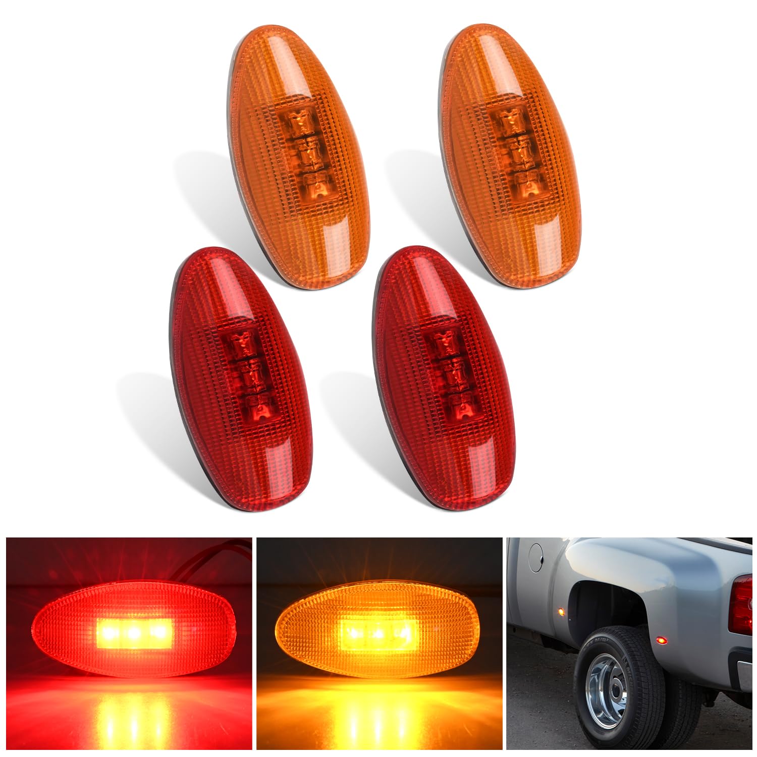 Nilight Fender Side Marker Lights 4 Pcs 3 Led Red Amber Front Rear Clearance Light Compatible With 2001-2014 Chevy Silverado Gmc