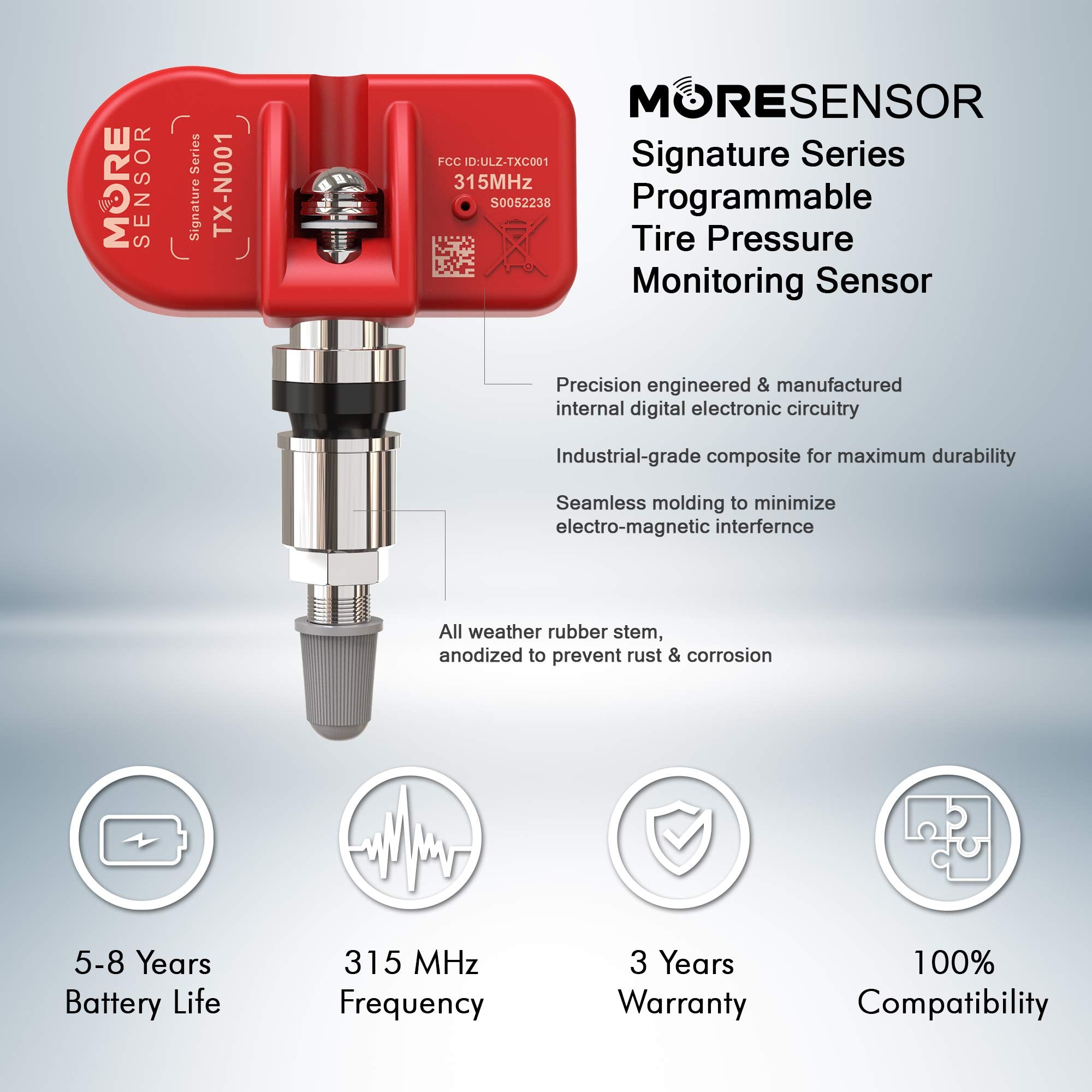 MOBILETRON TPMS Tire Pressure Sensor 4-Pack | 315MHz | Preprogrammed for 200+ Models | Clamp-in | Model CX-S025-4