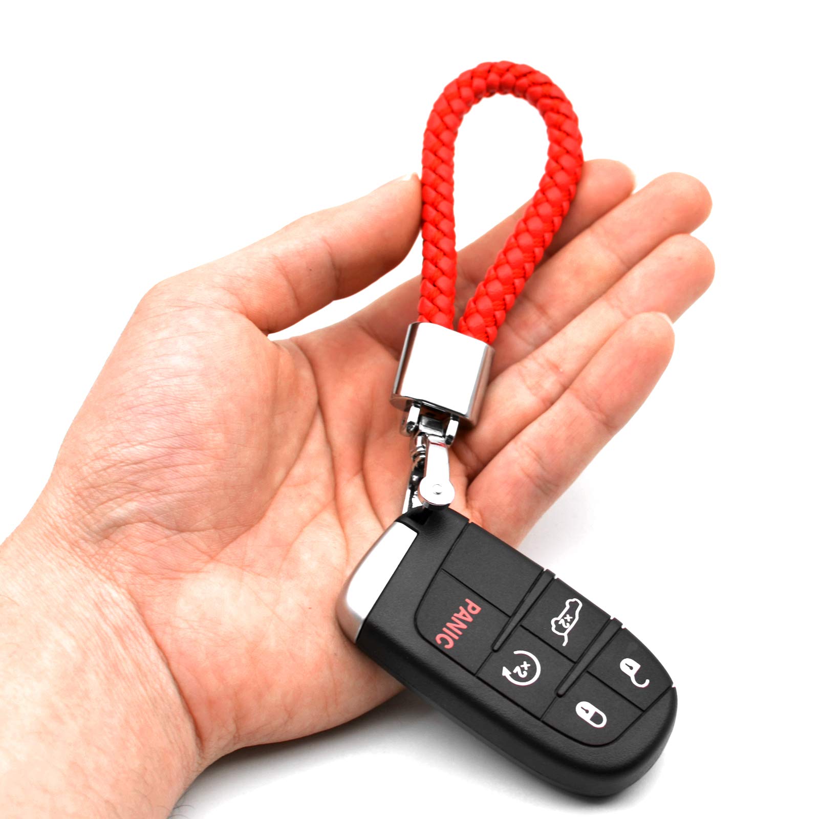 Feyoun Universal Red Leather Car Fob Keychain Metal Keyring Woven Strap Braided Rope Key Chain For Men And Women - Silver Color,