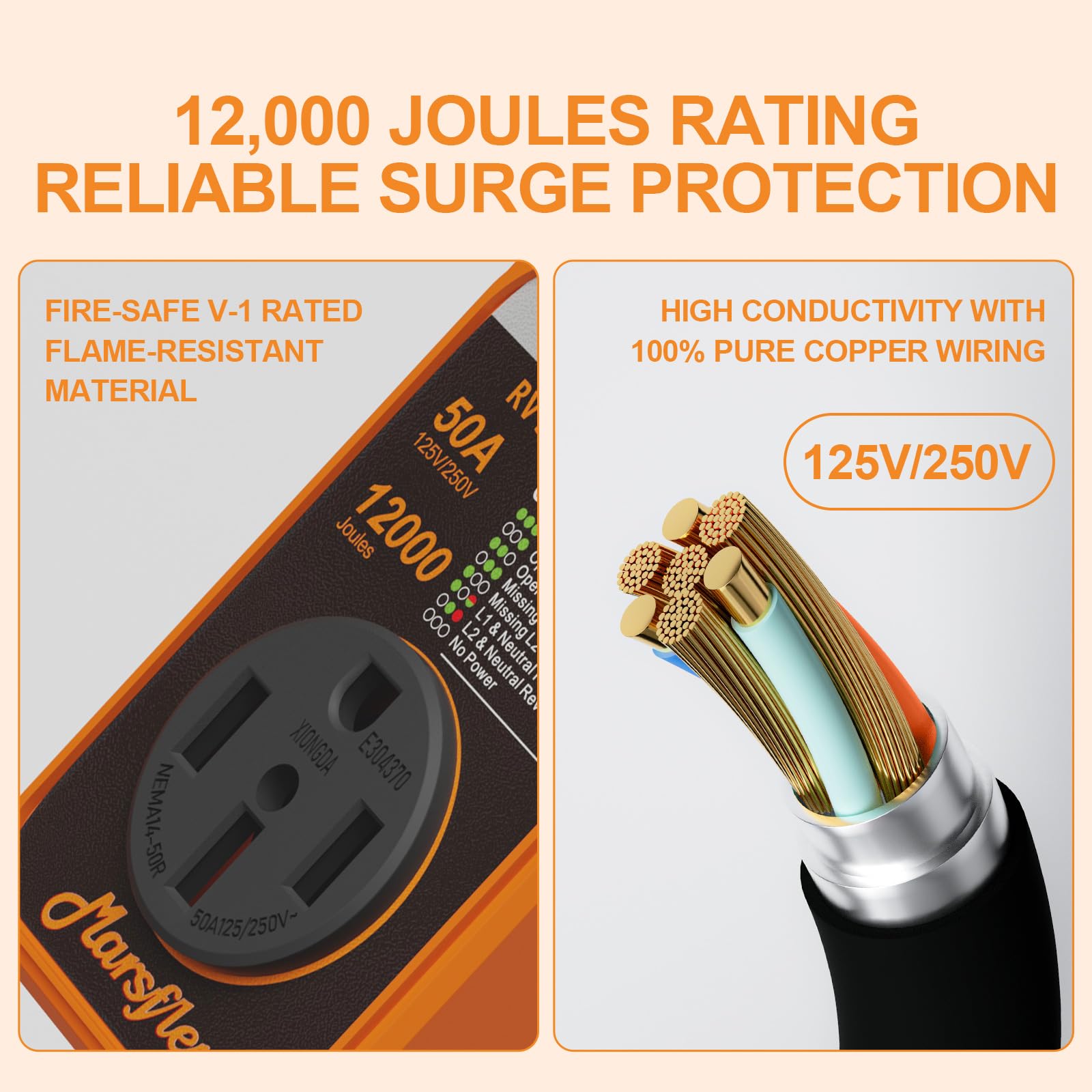 Marsflex RV Surge Protector - 50 Amp Circuit Analyzer, 12000 Joules, Waterproof Cover, LED Display, Orange, Model RVPA01005-MM