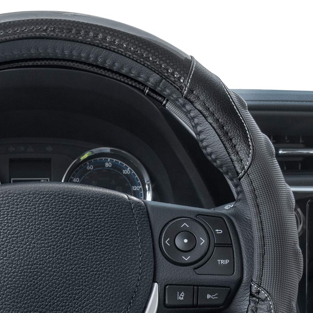 Motor Trend Gripplus Black Carbon Fiber Steering Wheel Cover, Standard 15 Inch Size, Advanced Traction Grip, Car Steering Wheel
