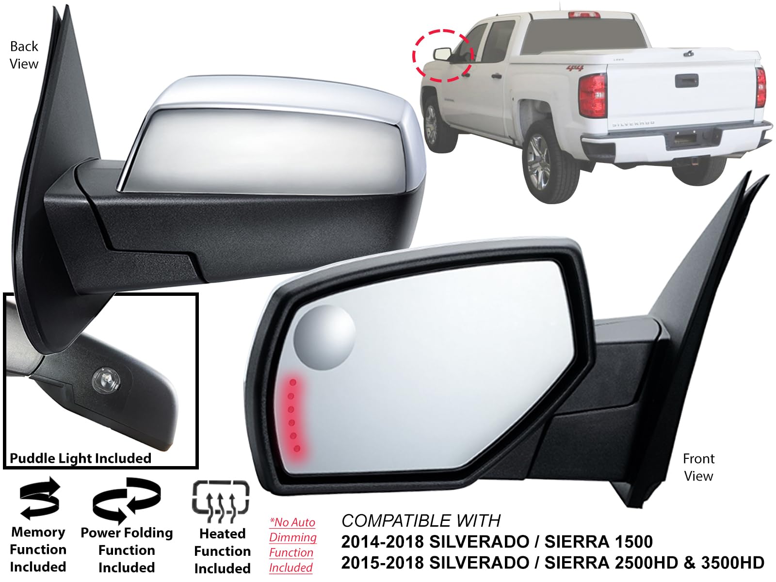 Auto Parts Avenue APA Replacement Mirror - Power Folding, Heated, Chrome Cap, Driver Left Side, Black with Chrome, Model CV095546-1